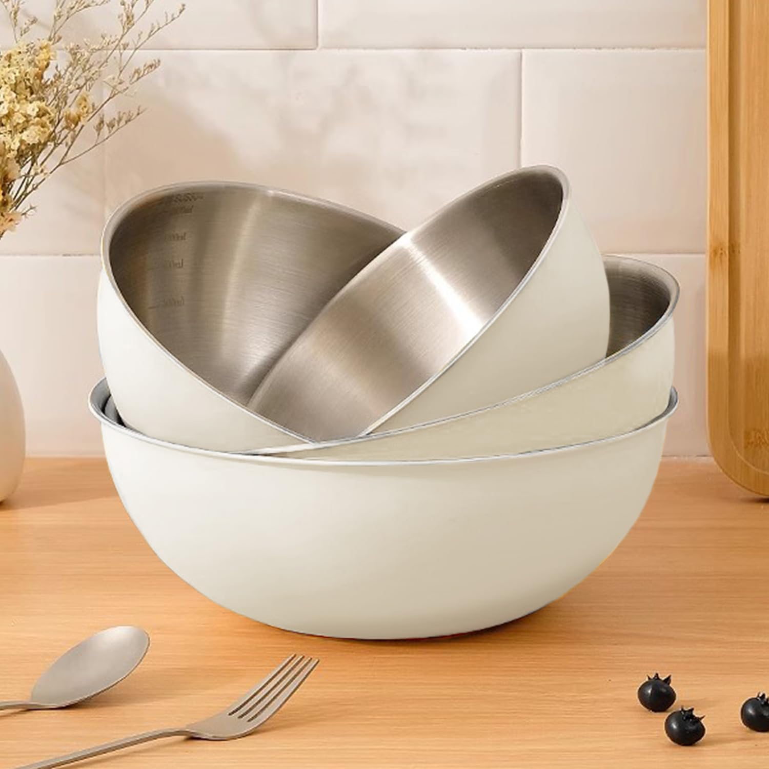 Juego de cuencos y colador de acero inoxidable para mezclar con escala, cuenco de ensalada con colador, cesta de malla fina, juego de cuencos para hornear, cuenco de cocina para decoración de