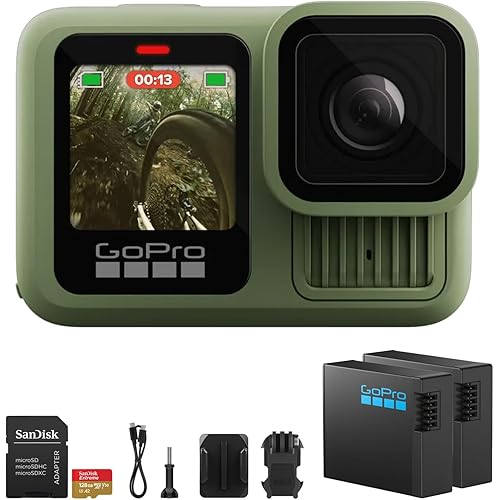 GoPro HERO13 Black in Forest Green with 27MP Photos & 5.3K60 Video Recording, Extra 1900mAh Enduro Battery with High-Efficiency Power Delivery, 128GB Extreme microSDXC Card with SD Adapter Bundle Kit