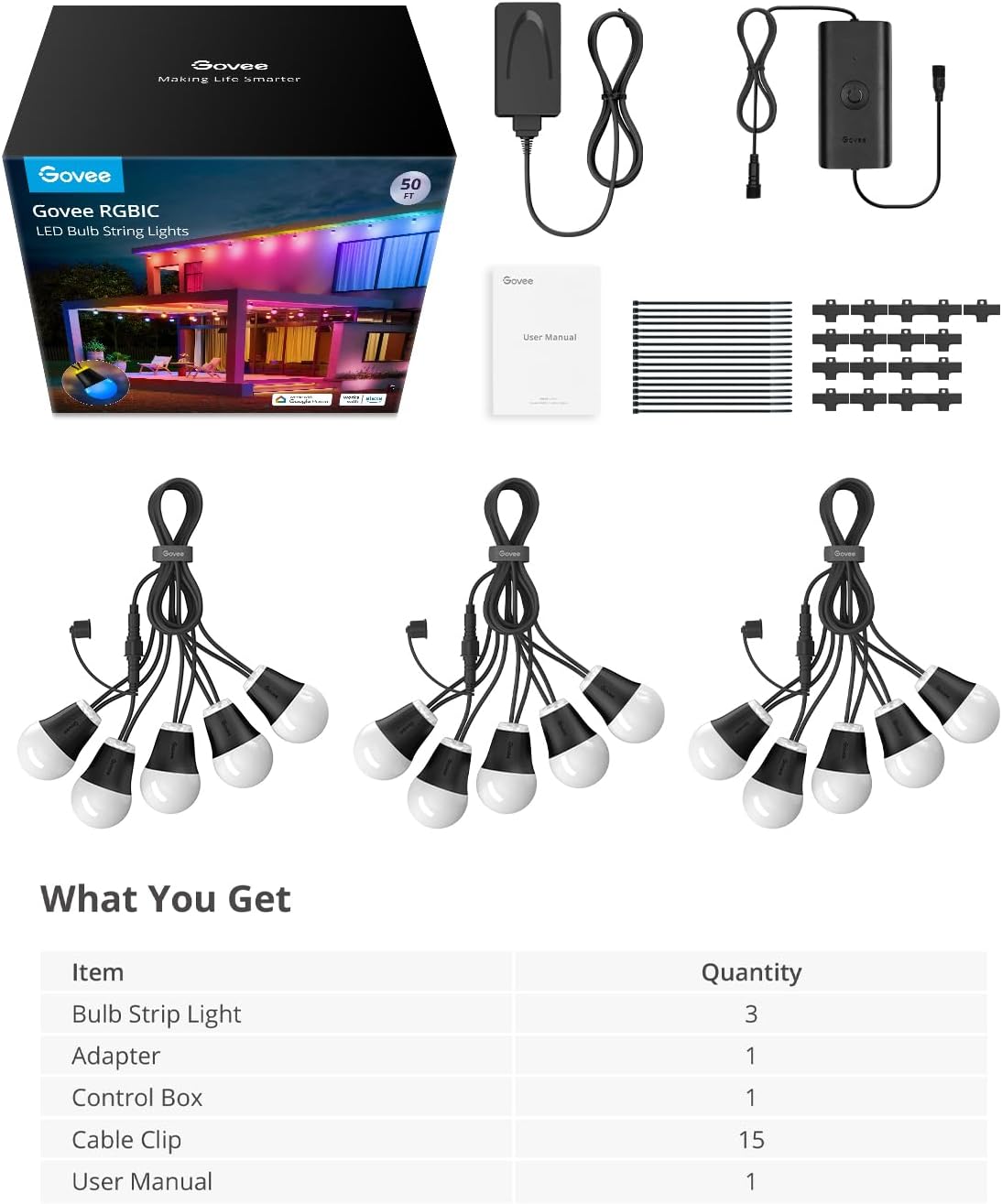 50ft RGBIC Smart Outdoor String Lights with Dimmable LED Bulbs