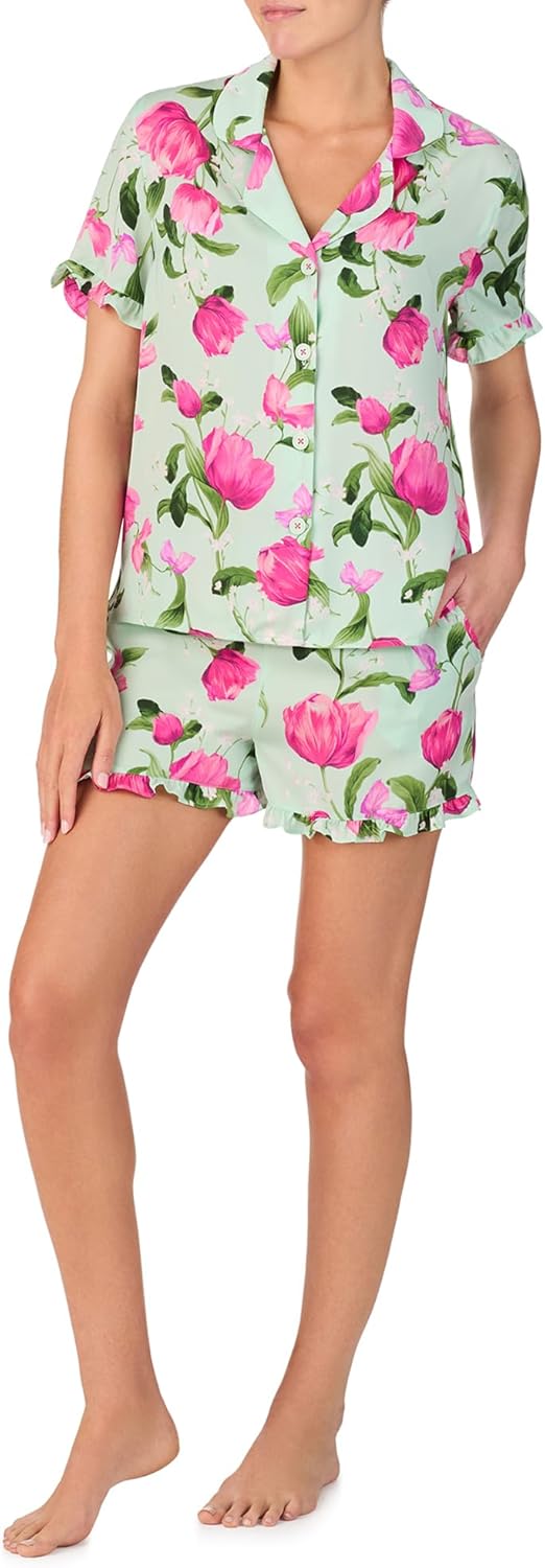 Room Service Womens Pajama Sets, Short Sleeve Silk Satin Button Down Top with Shorts 2 Piece Lounge Sets for Women - Image 2