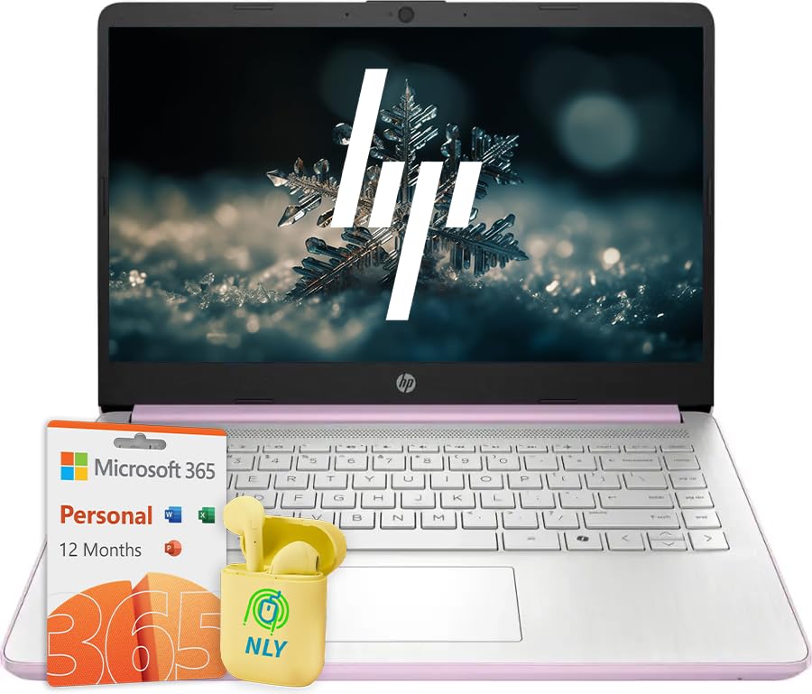 Image of HP 14 inch HD Business & Student Laptop Computer with 1-Year Office 365, Quad-Core Intel Processor, Windows 11 Laptop 4GB RAM 128GB UFS, NLY Earphones, Honey Lavender