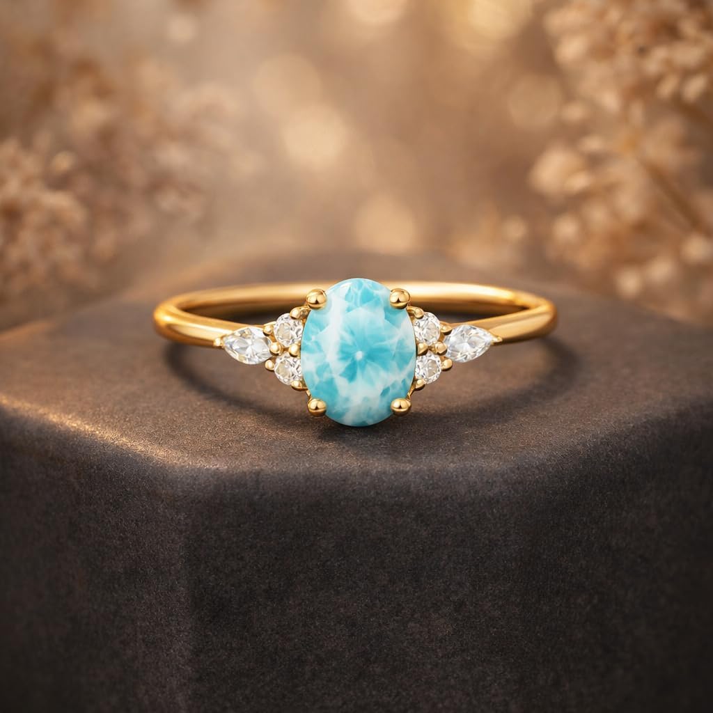 14K Yellow Gold Oval Cut Larimar Engagement Ring Sky Blue Gemstone with Marquise & Round CZ Accents Vintage Inspired Promise Jewelry Gift for Her