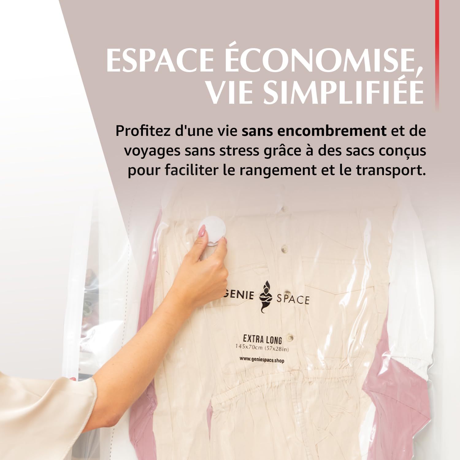 GENIE SPACE Sacs Sous Vide à Suspendre Premium pour Vêtements, Costumes et Robes, Taille Régulière 105×70 cm, Hermétiques, Réutilisables et Anti-Odeur, Gain de Place, Lot de 5 avec Pompe de Voyage