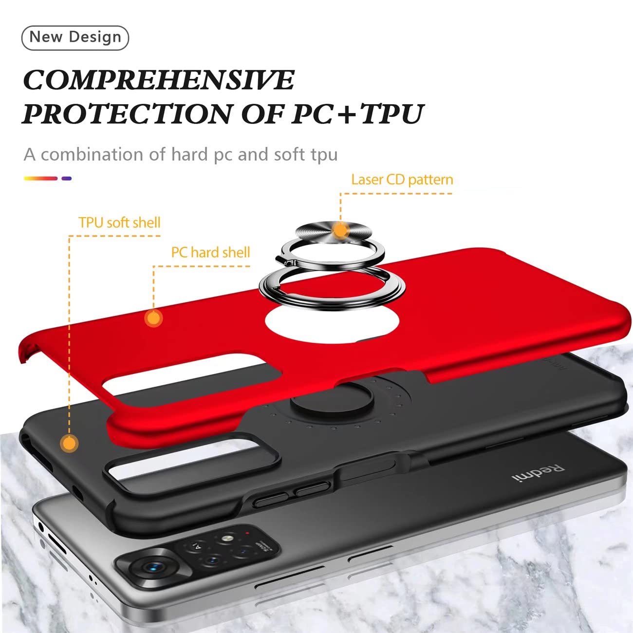 PEIYE Custodia In Silicone TPU Per Xiaomi Redmi Note 11 Pro (5G/4G) – Con Anello Porta Carta Magnetico, Blu - 3