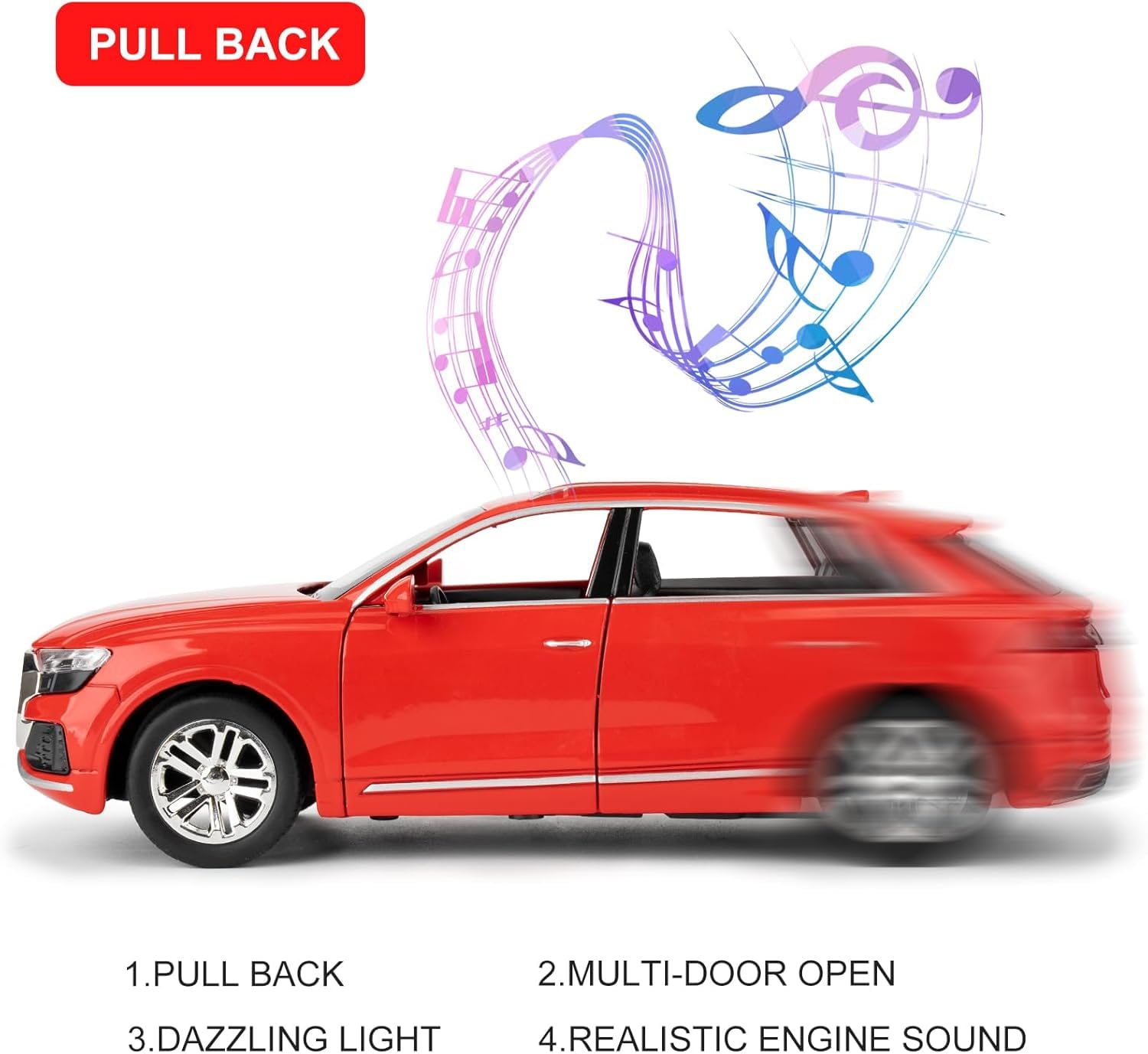 FUNABLO Exclusive Alloy Metal Pull Back Die-cast Car Model with Sound Light Mini Auto Toy for Kids Metal Model Toy Car with Sound and Light (1.24 Scale AODI Q8 - RED) 2