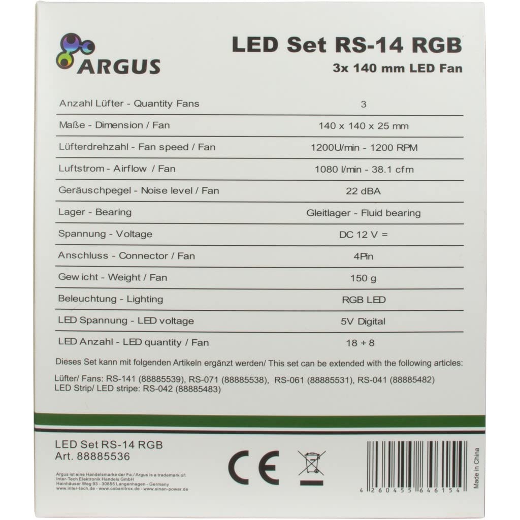 Inter-Tech Juego de ventiladores RS-14 RS-14 de 140 x 25 mm, 3 unidades, 88885536