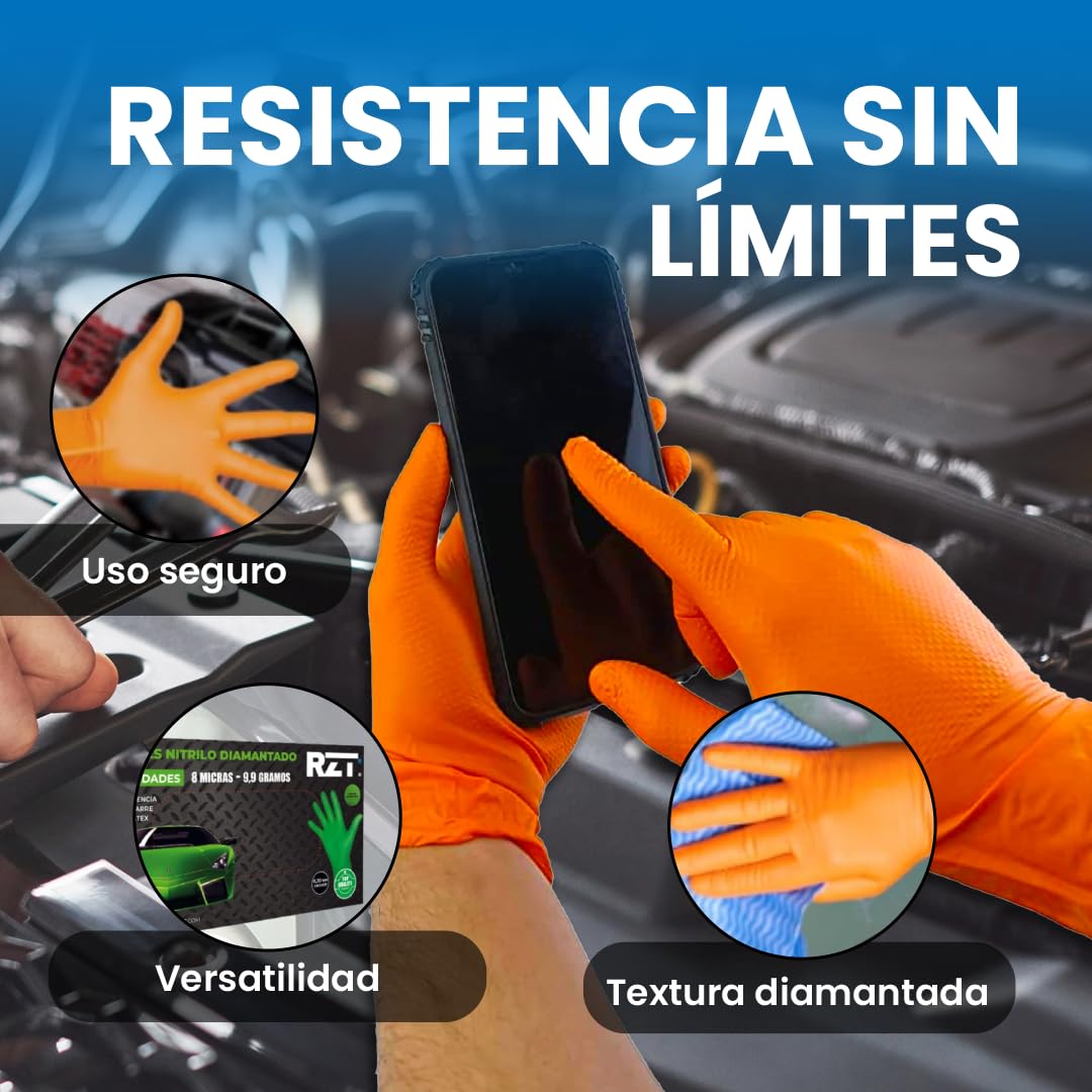 Guantes de Nitrilo Desechables Naranja | Guantes Extra Gruesos con Textura Diamante | Guantes para Taller y Montaje de Alta Resistencia Desechables | Tamaño S, L, M y XL (50, XL)