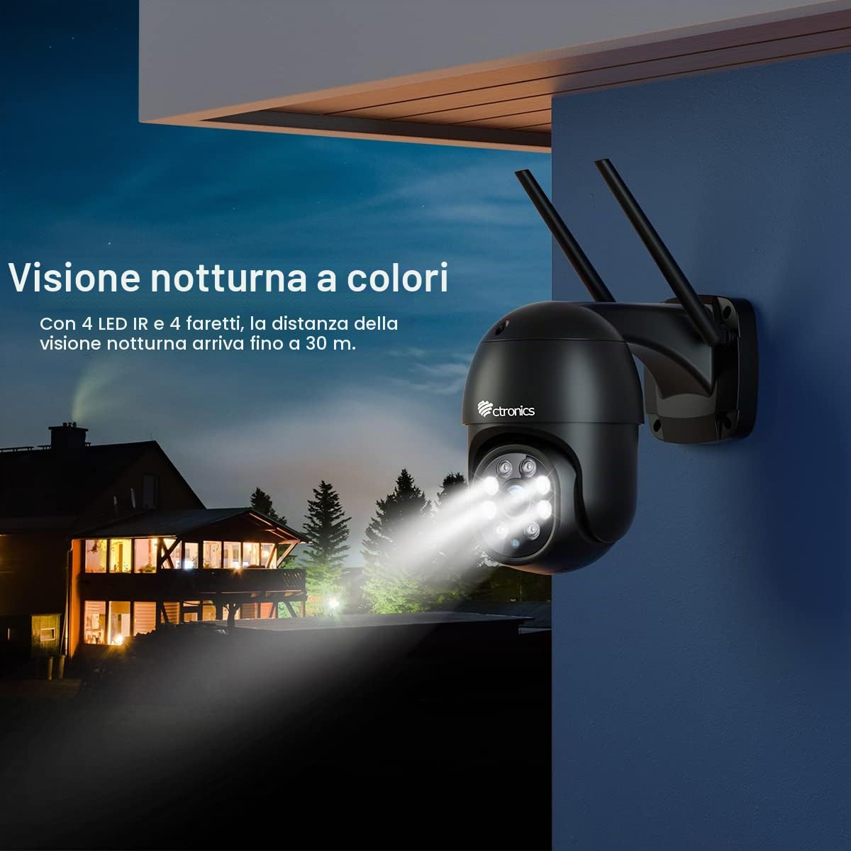 Ctronics Telecamera WiFi Esterno con Visione Notturna a Colori, 2K 3MP PTZ IP Videocamera di Sorveglianza Zoom Digitale con Pan 355° e Tilt 90°, Rilevamento Umano, Auto Tracking, Audio Bidirezionale | Visione Notturna a Colori, Zoom Digitale con Pan 355°