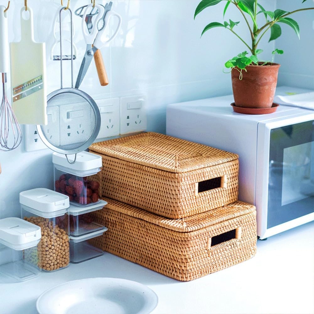 籐収納バスケット 蓋付き 小物入れ ラタン トイレットペーパー 果物入れ 小物入れ 卓上 小物収納 長方形 コスメ 化粧品 書類整理