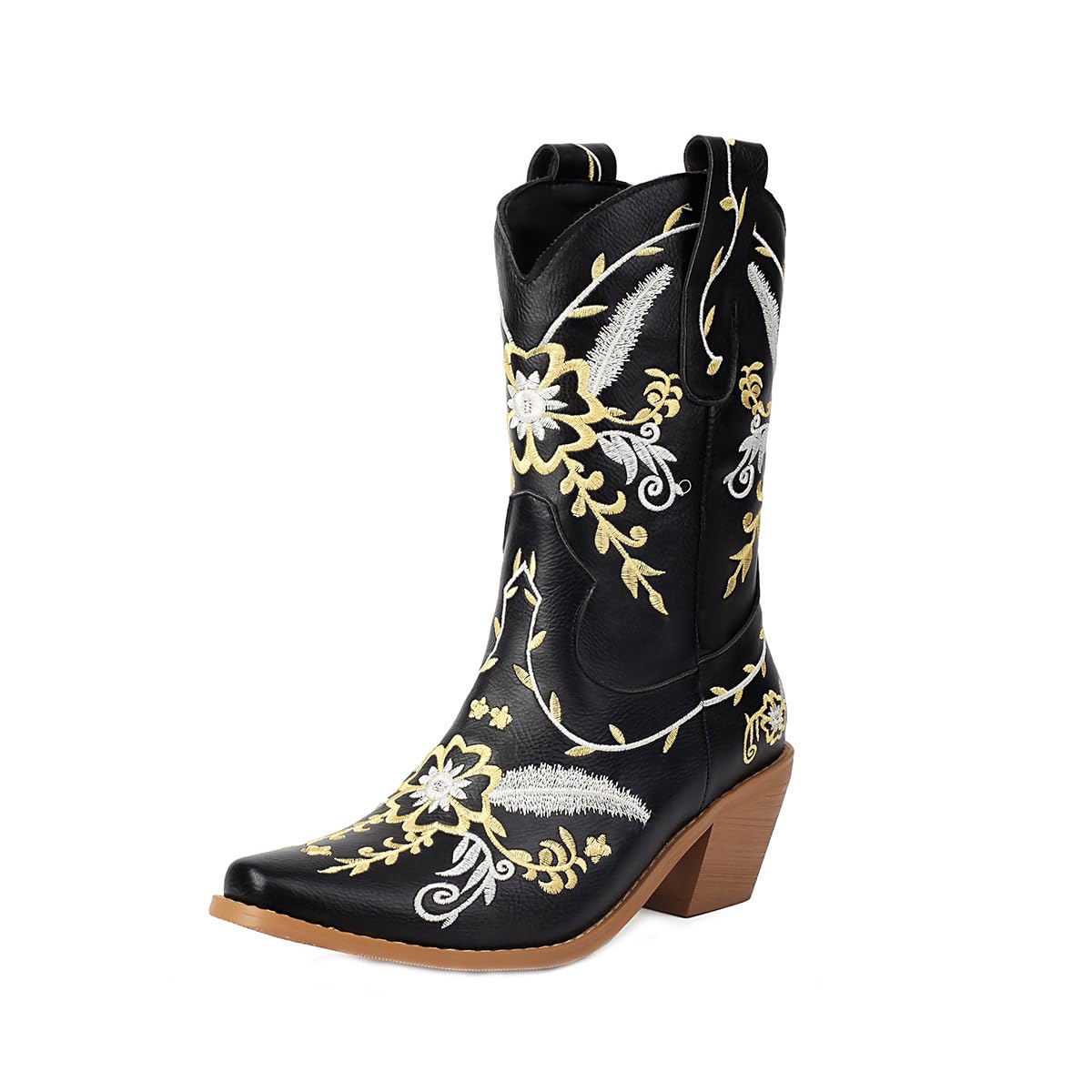 Womens Floral Embroidered Western Cowboy Boots Square Toe Mid Calf Low Chunky Block Heel Cowgirl Pull On Shoes