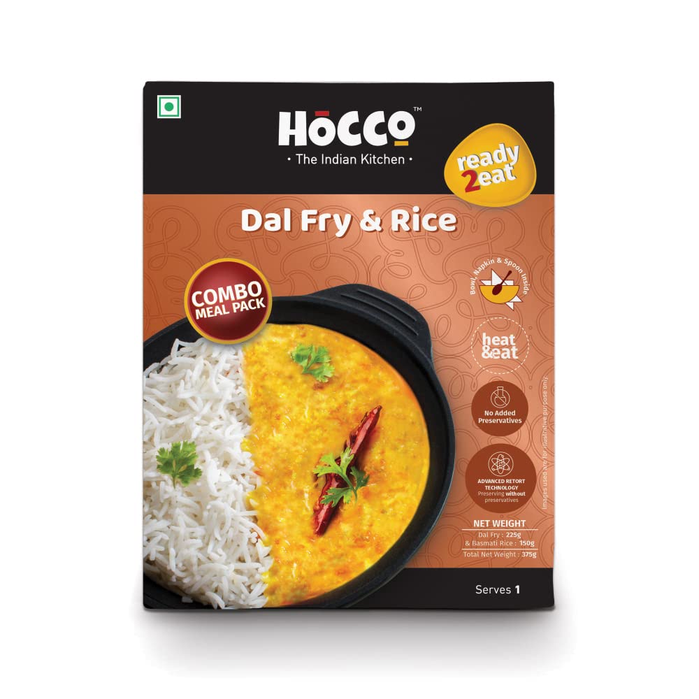 HOCCO Ready to Eat Combo Of Dal Fry & Rice | Instant Rice Combos | Just Heat & Eat | No Preservatives Added & Colour | Microwaveable Serves (375g)