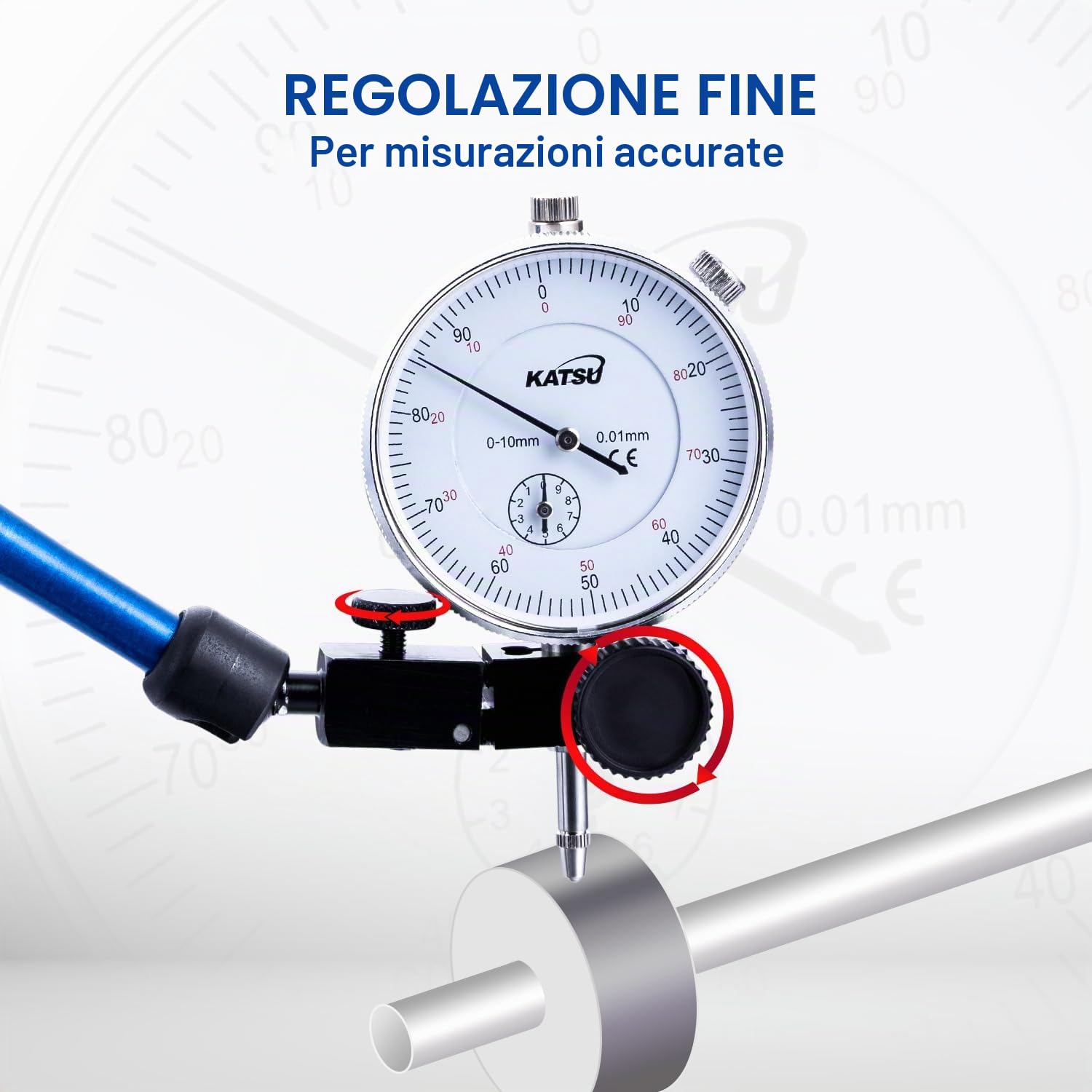 KATSU Indicatore a Quadrante Calibro con Base Magnetica e Set di 22 Punti Indicatori, DTI 0-10mm 0.01mm Strumenti di Misura ad Alta Precisione 401118
