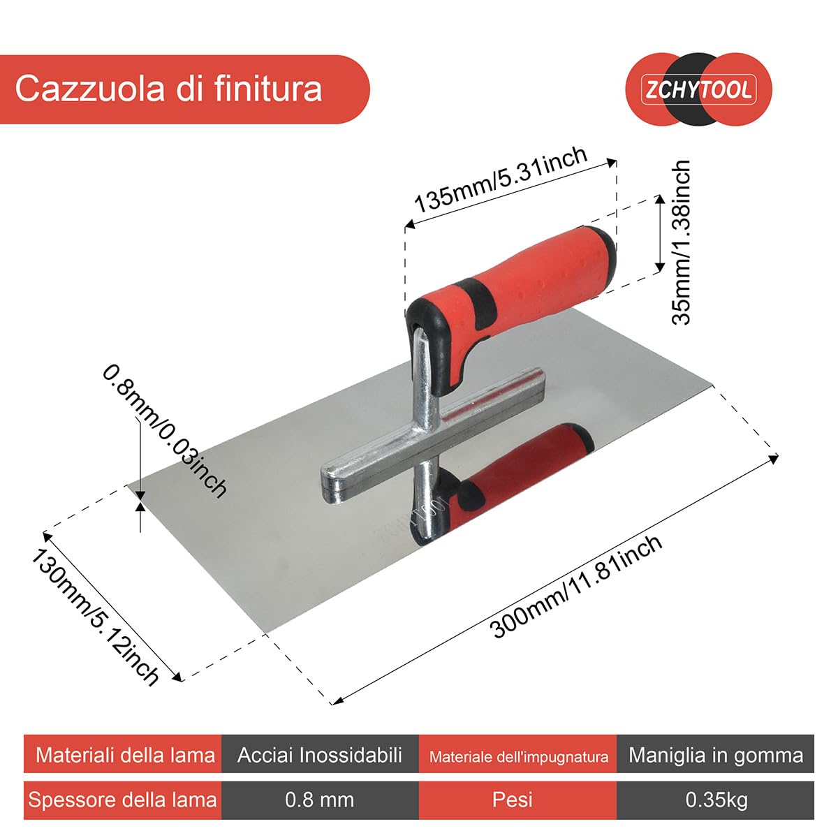 ZCHYTOOL Truelle Pour Plâtre 380x130mm Inoxydable - Truelle De Finition Béton Avec Poignée Ergonomique Et Coins Arrondis