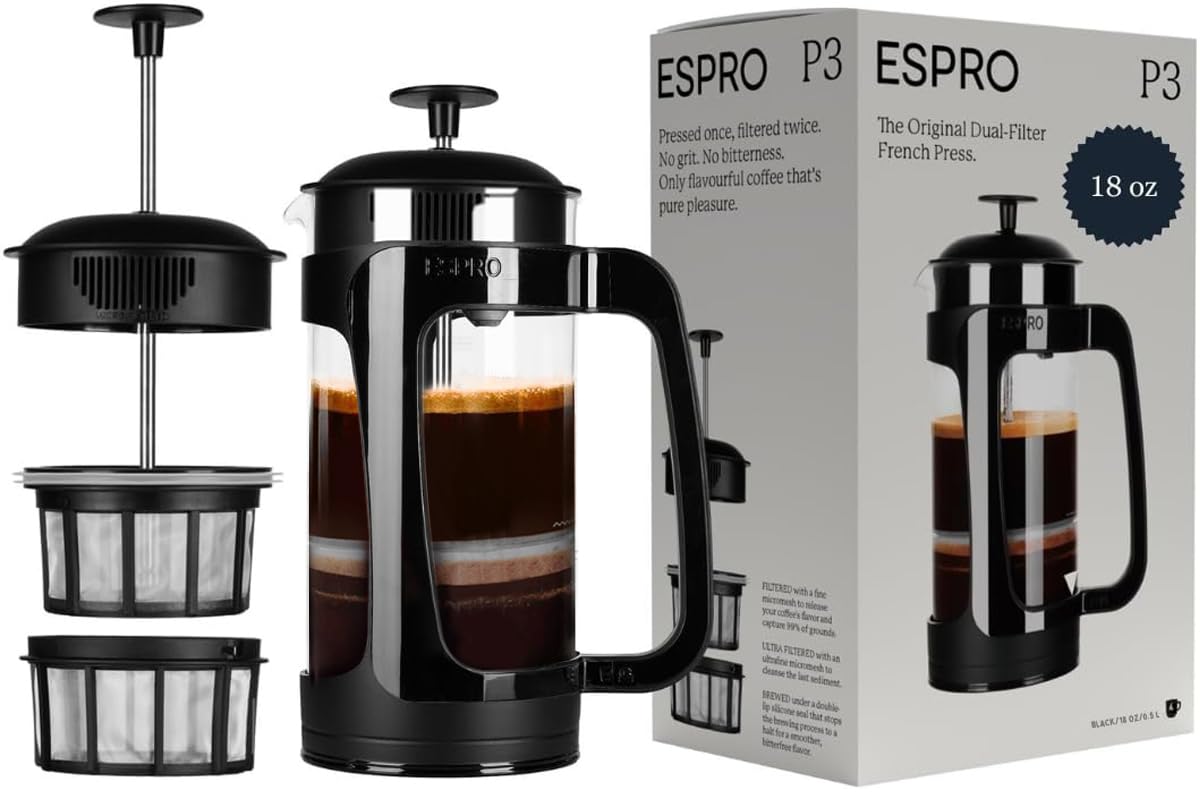 ESPRO P3 French Press Coffee Maker – Patented Double MicroFilter for Grit-Free Brew, High Heat Resistant thicker Borosilicate Glass Coffee press & Easy Clean Design – (18 oz)