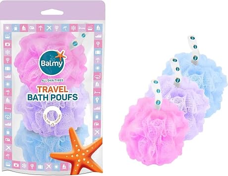 Balmy Travel Set Banyo Süngeri, Duş Süngeri, Peeling Eldiveni, Banyo Fırçası, 3'lü Paket, Cilt Bakımı ve Masaj için