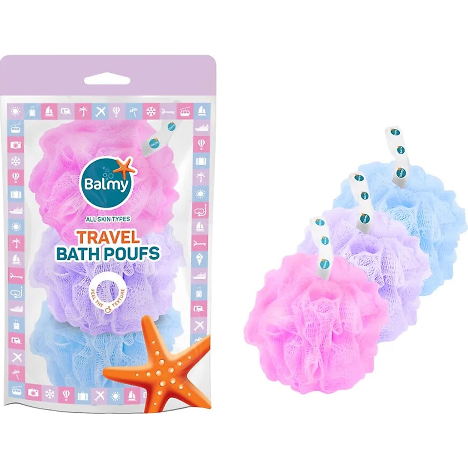 Balmy Travel Set Banyo Süngeri, Duş Süngeri, Peeling Eldiveni, Banyo Fırçası, 3'lü Paket, Cilt Bakımı ve Masaj için
