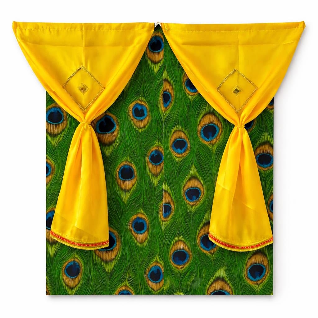 Yellow Satin Temple Curtain Set (1Pcs- 2ft Length and 3 ft Width) | 28 inch Long Curtain Mandir Parda with Golden Border & Auspicious Diamond Motif | Premium Puja Room & Home Temple Decor-image-40