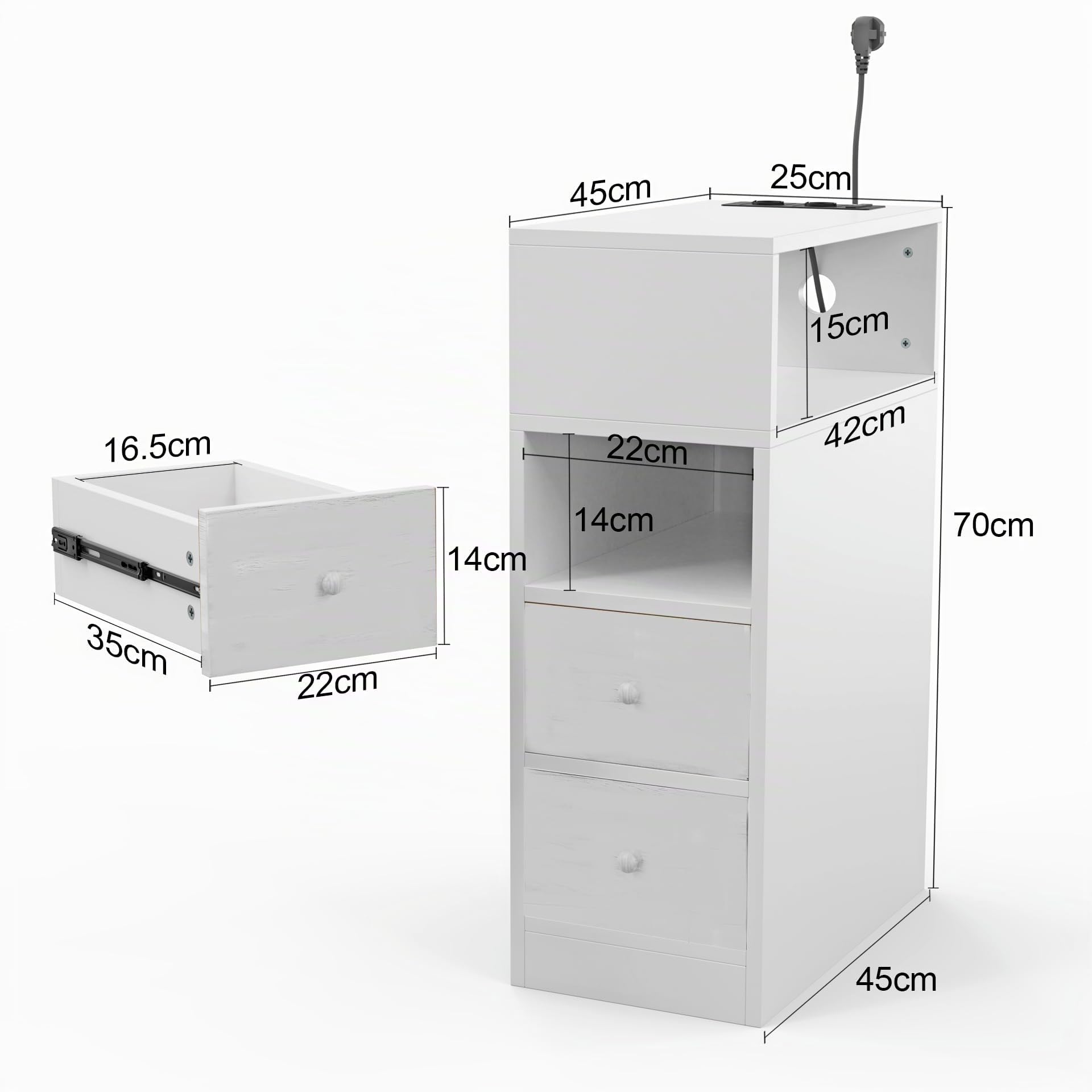 Juego de 1 Mesitas de Noche Estrechas, Mueble Auxiliar 3 Cajón y 1 Compartimentos, Mueble Auxiliar Estrecho con 2 Enchufes y 2 Puertos USB, Mesita de Noche Madera Dormitorio, Blanco