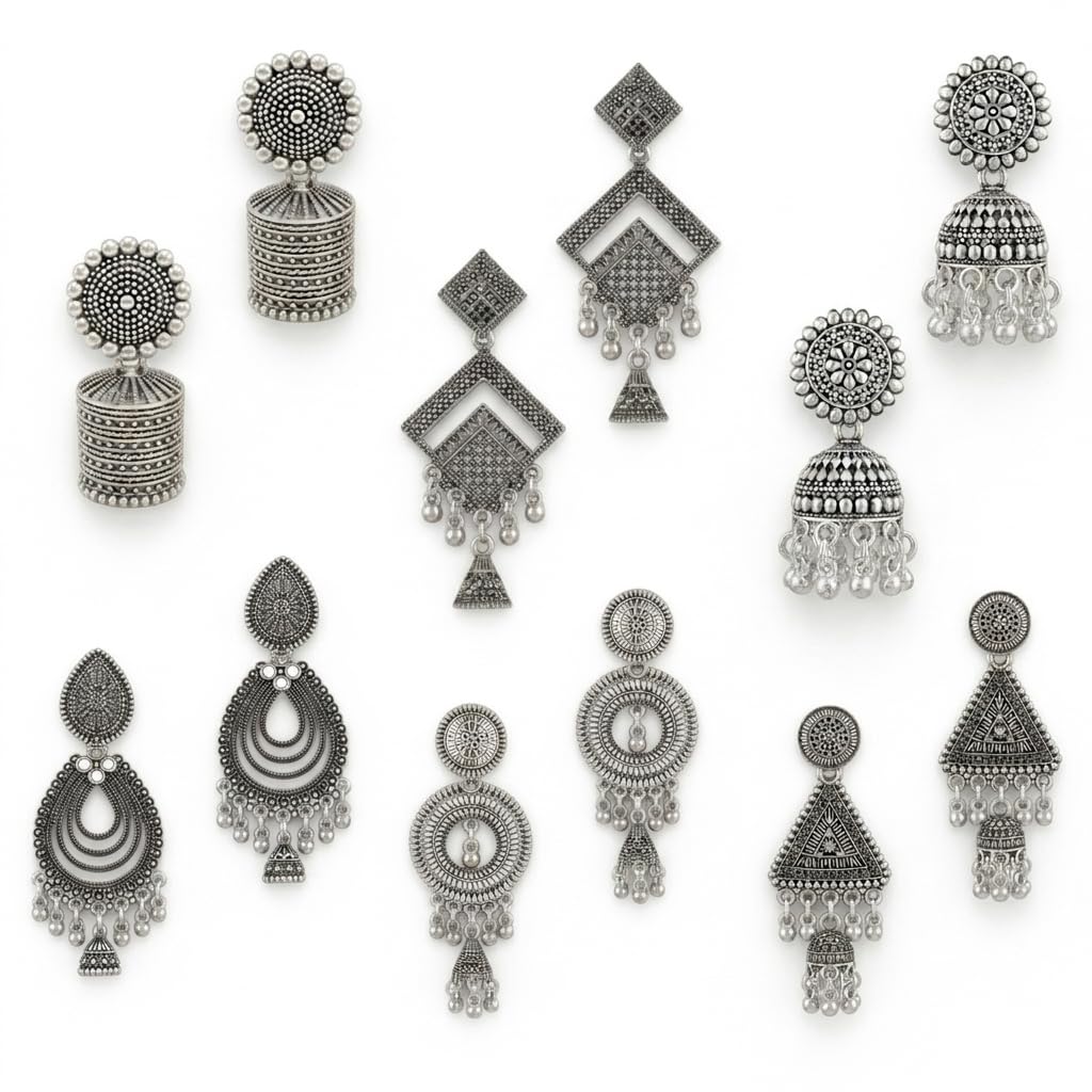 Oxidized Silver Earrings for Women | Traditional Jhumka Chandbali Set | Antique German Silver Tribal Jewellery | 6 Pairs Combo-picture-19