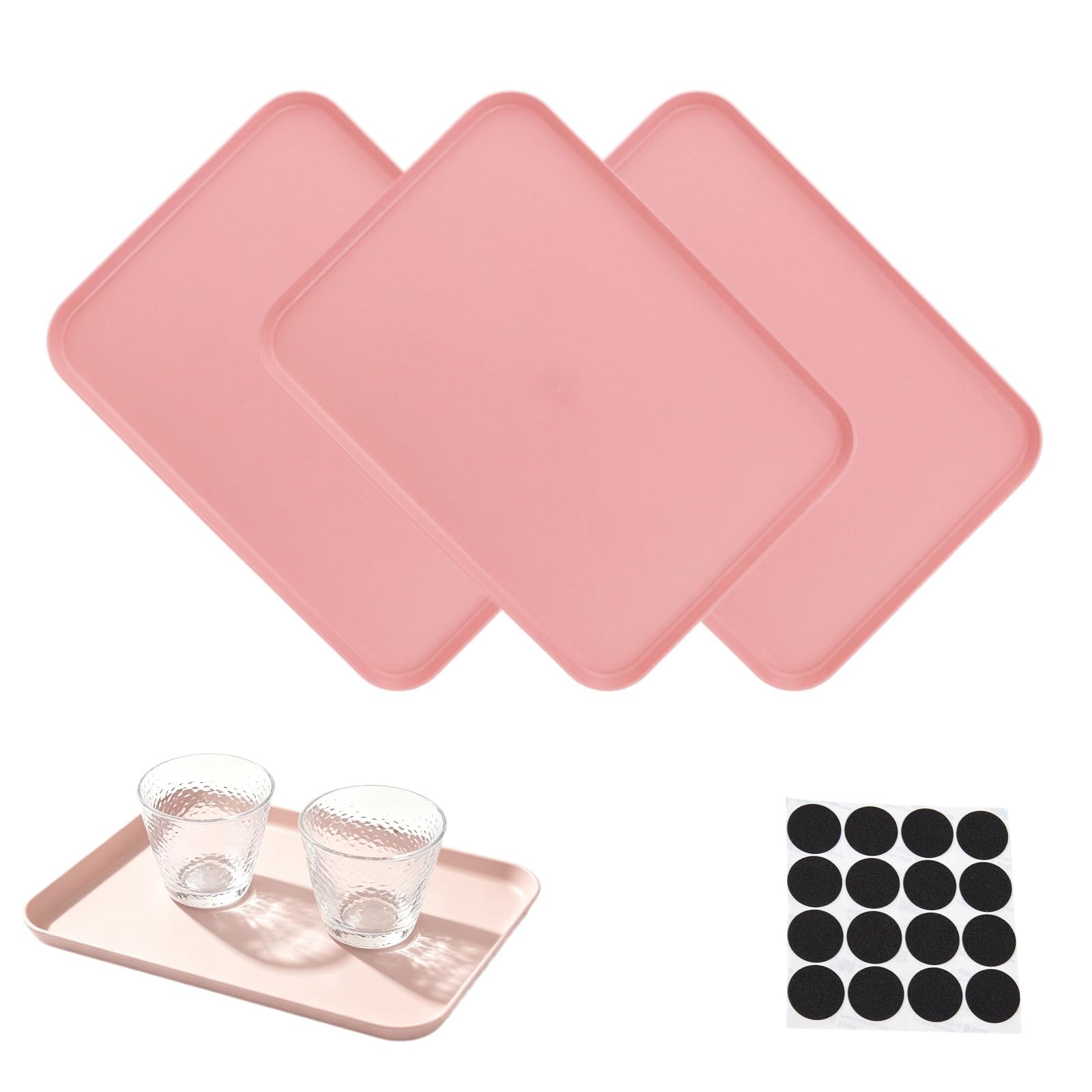 Fugytven 3 Pack Shallow Plastic Trays, Small Plastic Trays for Food Serving, Tea or Coffee, Multipurpose Serving Trays Dinner Food Tray Set with 16 Non-Slip Pads, 20 x 15 cm