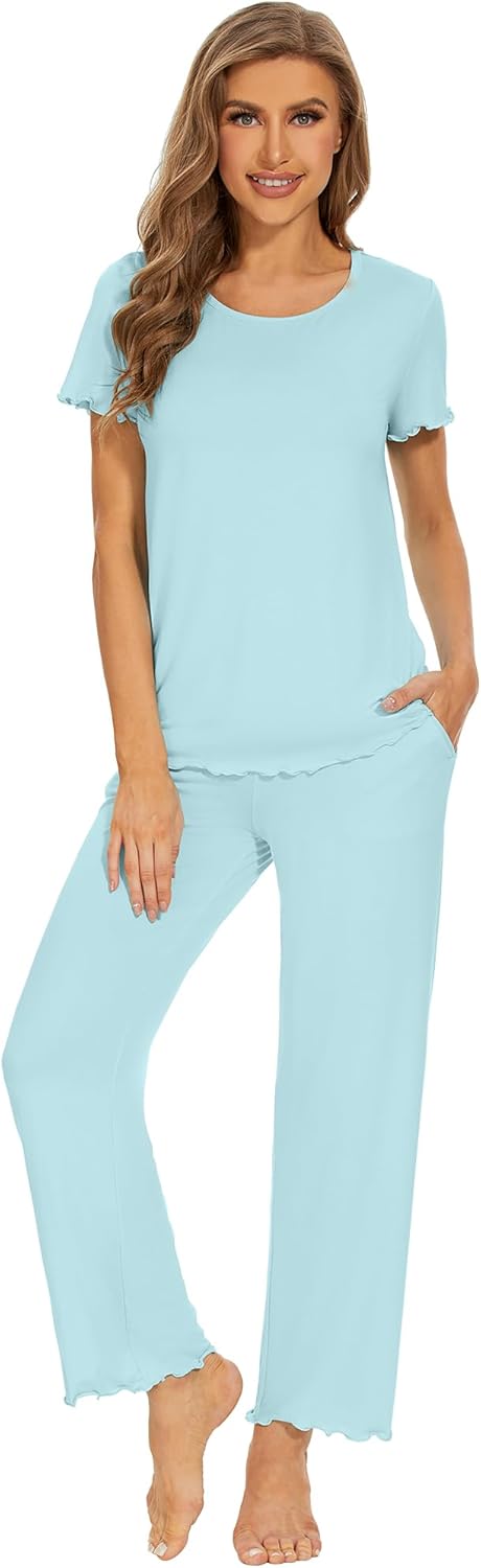 WiWi Bamboo Viscose Pajamas for Women Super Soft Cooling Loungewear Short Sleeve Tops and Long Pants Sleepwear S-XXL - Image 4