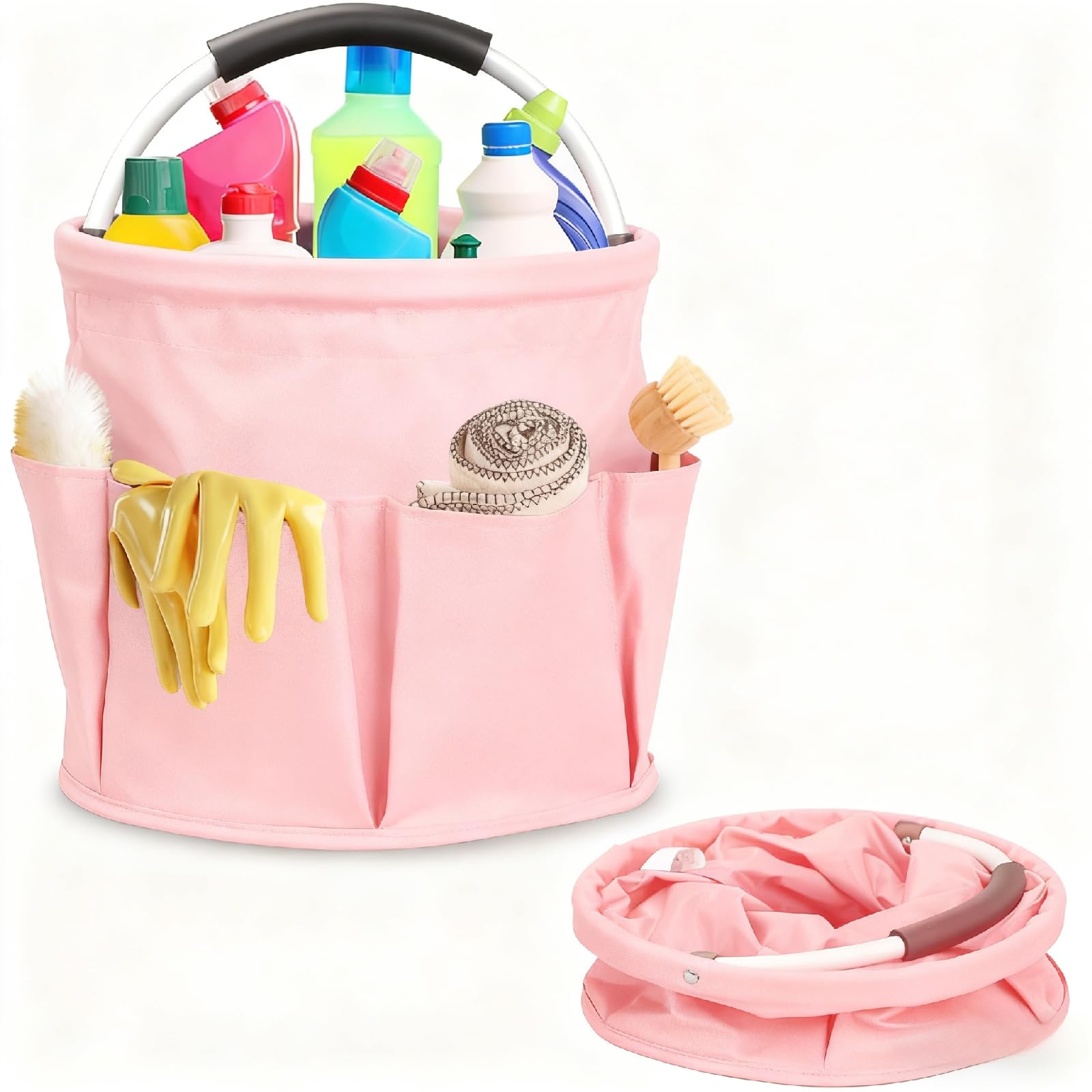 Ashmacdo Cleaning Caddy for Cleaning Supplies,17L Cleaning Supply Caddy with Handle Foldable Cleaning Supplies Organizer Bucket Cleaning Products Organizers for Home, Garden (Light Pink)