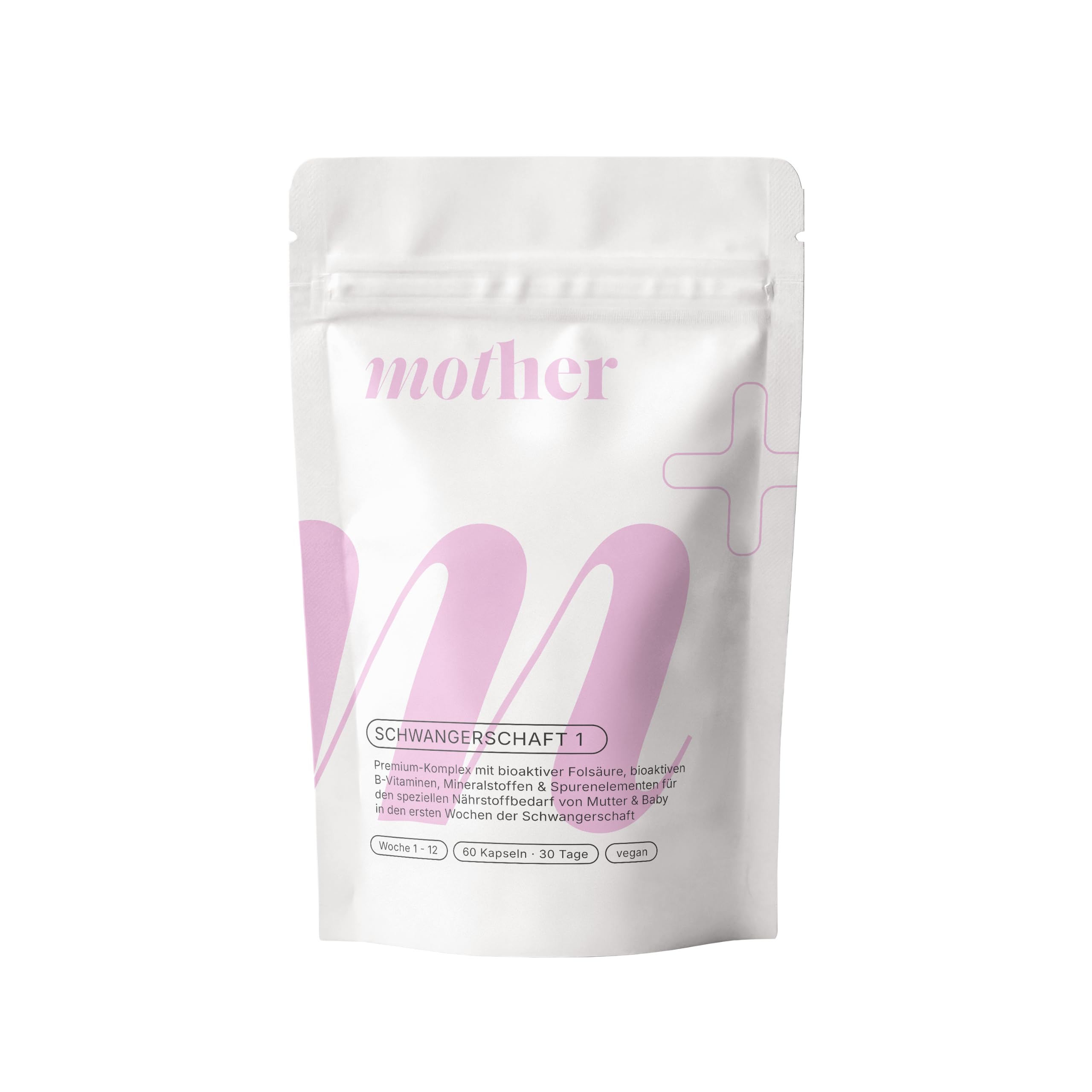 mother+ Schwangerschaft 1 Premium Komplex - Hochwertige Mikronährstoffversorgung für Kinderwunsch & Frühschwangerschaft Woche 1-12 / Mit Folat, Eisen, Jod & wichtigen Vitaminen/Vegan