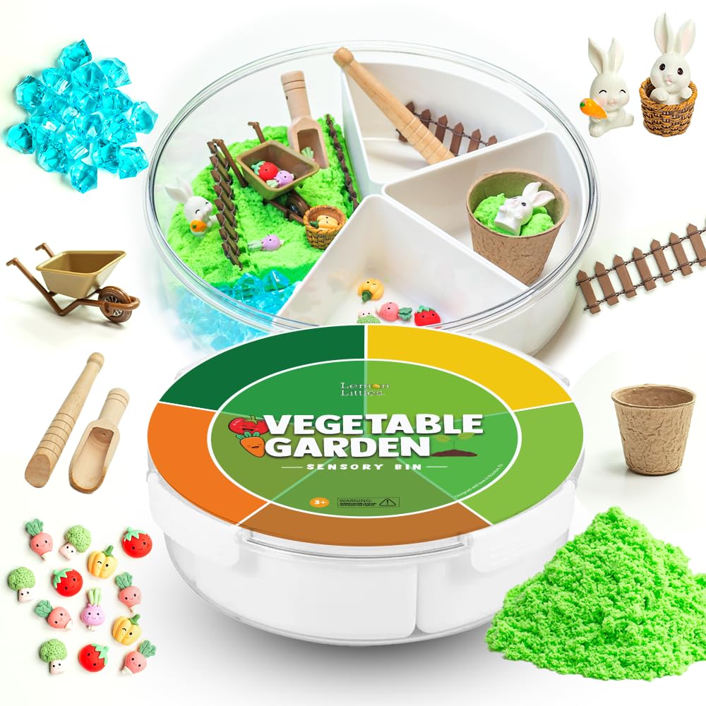 Sensory Bin with Lid: Filler & Tools Included - Preschool and Toddlers Sensory Activities for Learning & Fine Motor Skills for Kids (Veggie Garden)
