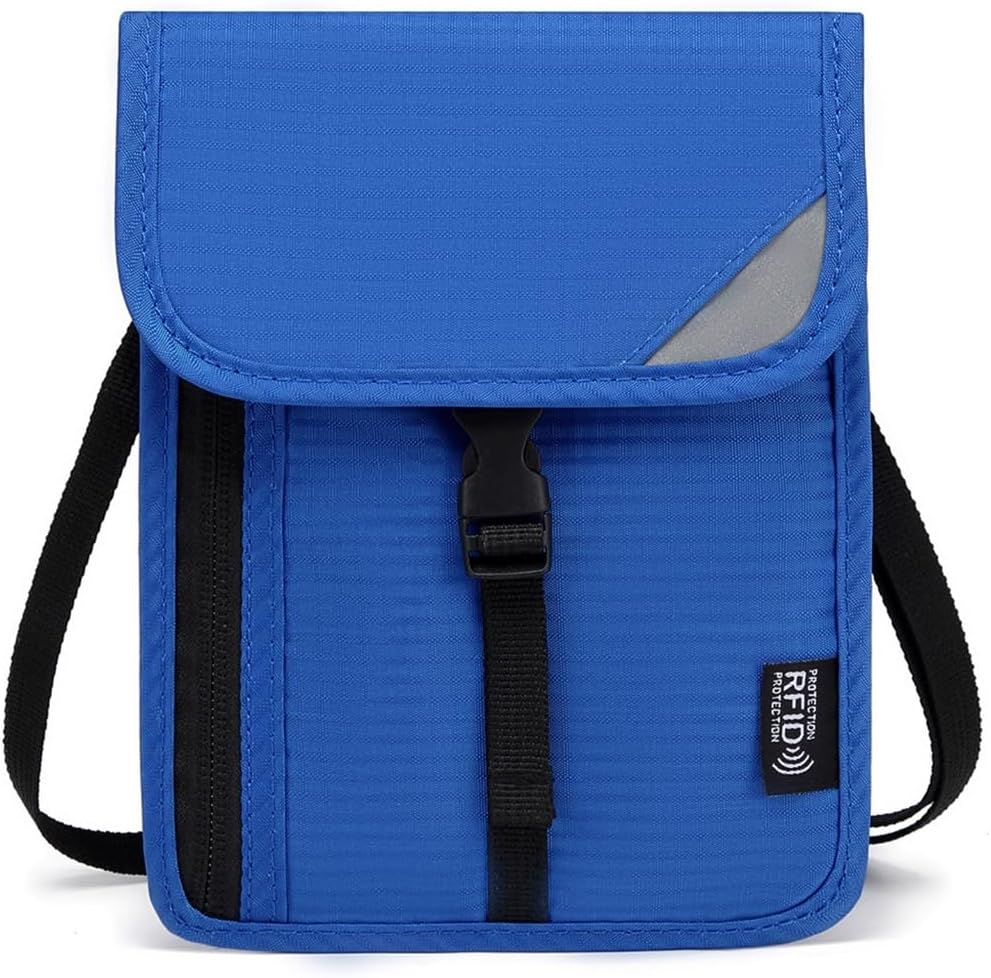 Custodia da viaggio per il collo, per passaporto, con blocco RFIDS, per donne e uomini, Blu, Organizer per borse
