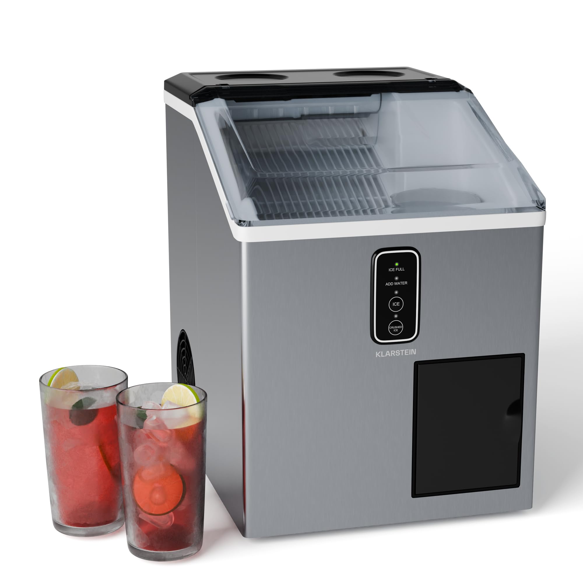 KLARSTEIN - Macchina del Ghiaccio, Acciaio Inox, 15kg/24h, Cubetti & Ghiaccio Tritato, Serbatoio: 1,8L, Pannello LED, Allarme del Livello dell'Acqua, Macchina del Ghiaccio per la Casa