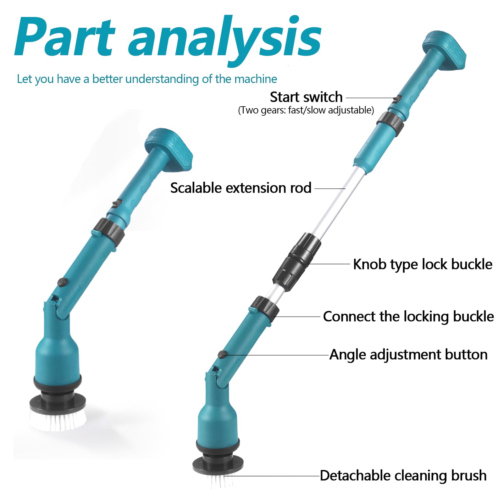 Brosse De Nettoyage électrique, épurateur à Batterie pour Batterie pour Makita 18V Comprenant 8 Têtes Brosse Nettoyage Brosse Nettoyage Extensible 63 à 125 Cm Equipée d'une Rallonge 2 Niveaux Vitesse