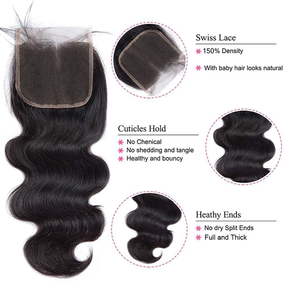 Tissage brésilien Remy ondulé avec fermeture en cheveux humains, lot de 3, avec raie libre 10x10, dentelle suisse, couleur naturelle(28 28 28 Closure20)