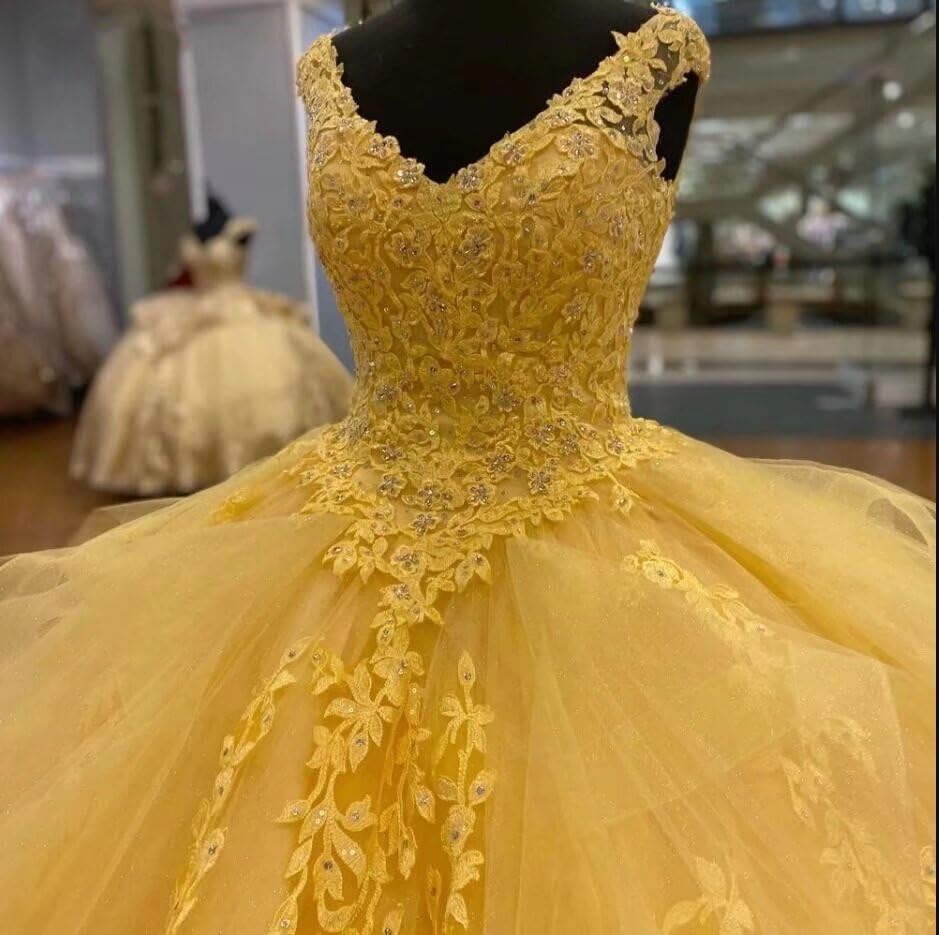 V-Neck Applique Beaded Quinceanera Dresses Yellow Cap Sleeve Bow Prom Dress Long Ball Gown 20254