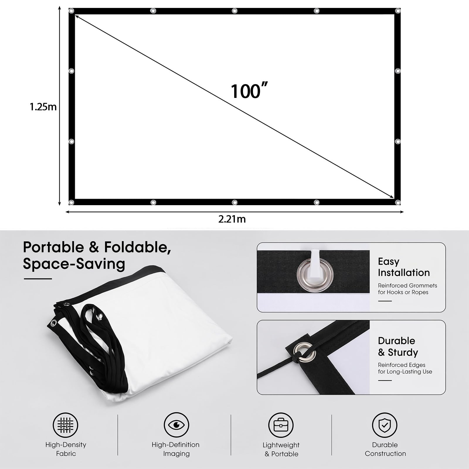 Tela per proiettore da 100 pollici, 16:9, HD, pieghevole, anti-pieghe, double face, 221 x 125 cm, portatile, per esterni, campeggio, casa, scuola, riunioni