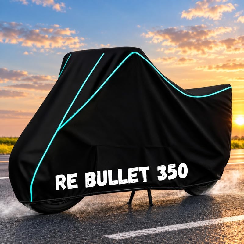 Image of Bike Body Cover for RE Bullet 350 - Heavy Duty Waterproof, Dustproof & Scratch Resistant Motorcycle Cover, Full Body Outdoor Cover with UV & Rain Protection, Black Aqua Piping