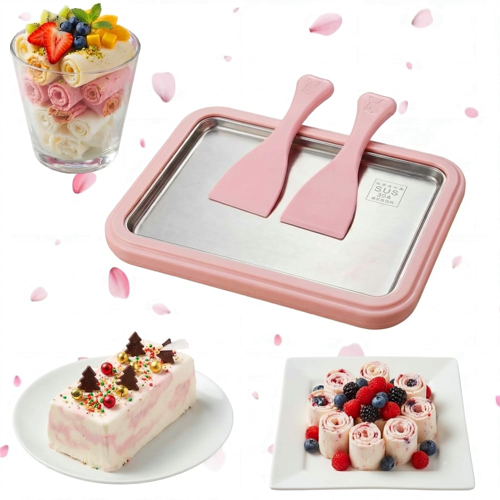 2026（XL）Large Upgraded Rolled Ice Cream Maker Kit – Food-Grade Stainless Steel Tray with 2 Scrapers, Portable DIY Ice Cream Maker for Home, Family & Parties-green (10.2" × 8.3") (pink)