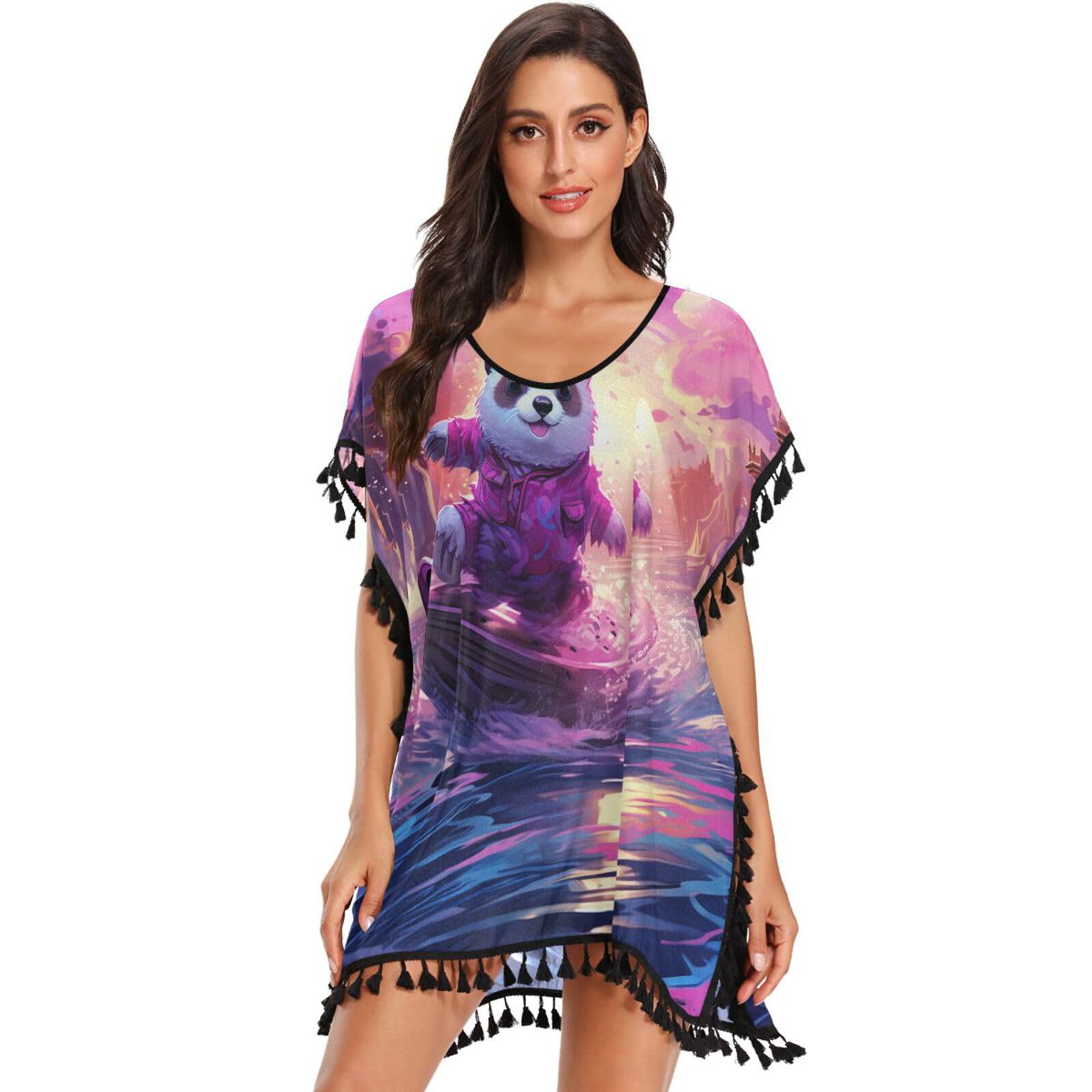 Purple Panda Abstract Surf Women's Beach Cover Up Chiffon Tassel Swimwear Swimsuit Coverups for Girl