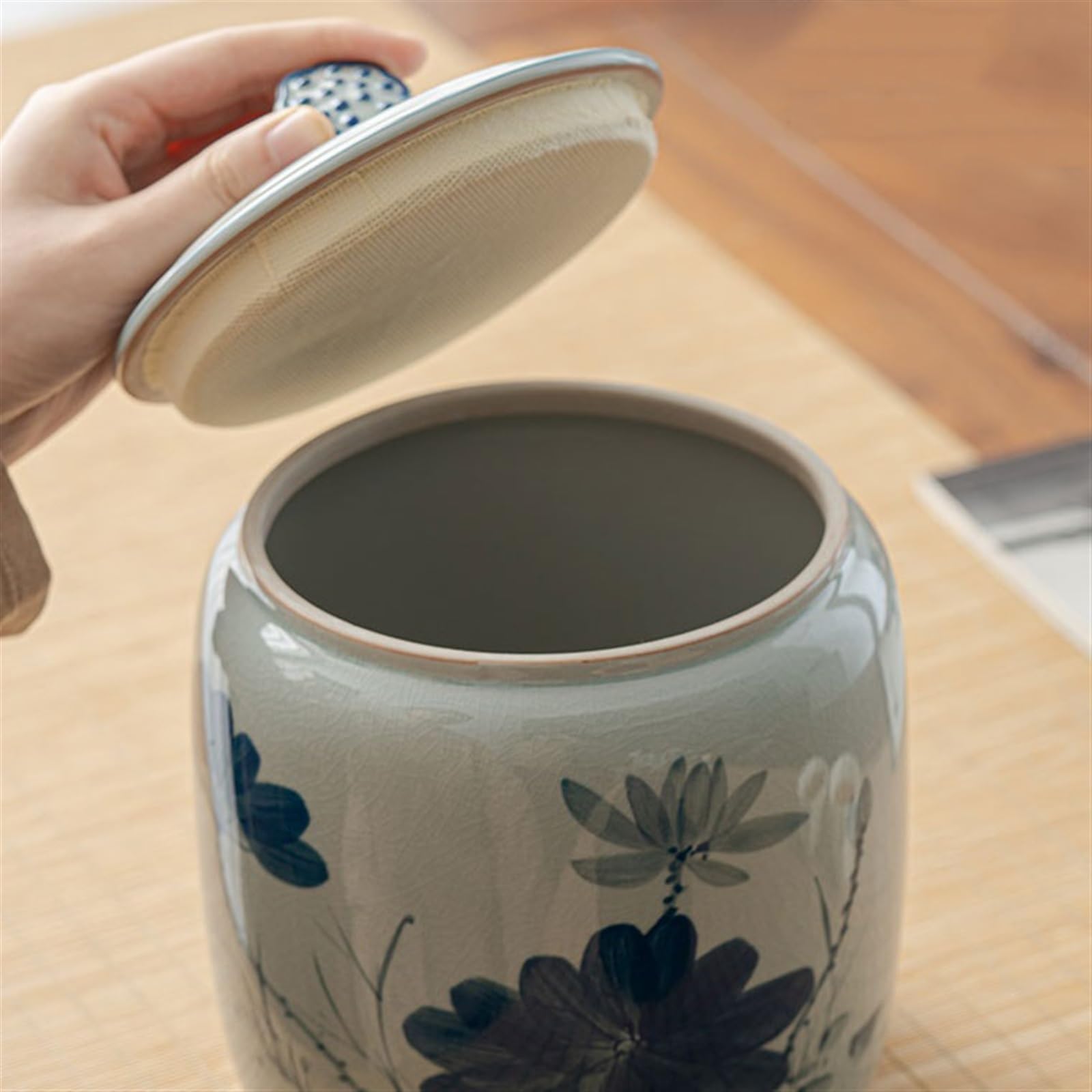 pojemniki na herbatę, kawę i cukier Ceramiczny słoik do przechowywania herbaty, ręcznie malowany, zapieczętowany z lotosem