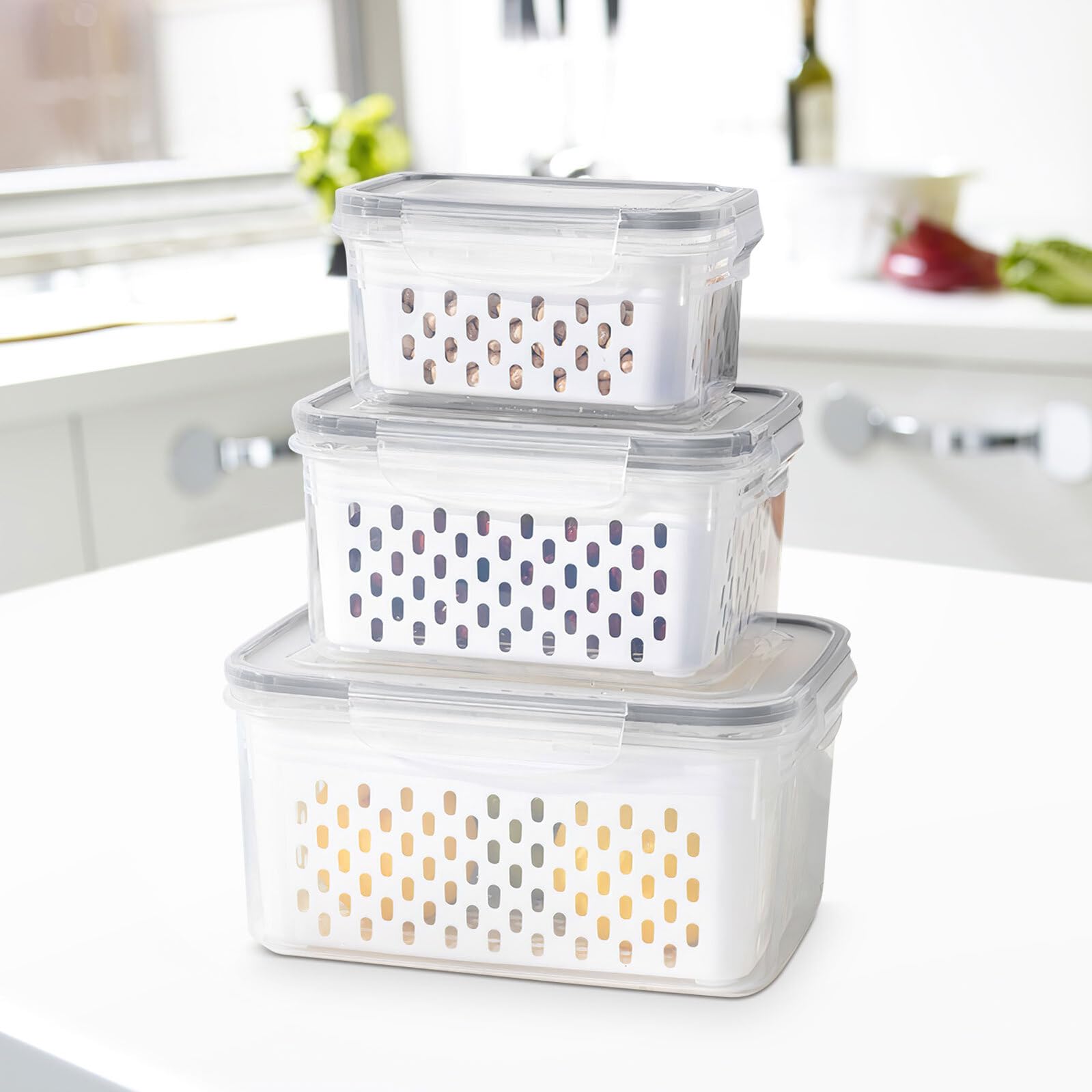 TEHAUX 3 Stück Kühlschrank Organizer Kasten mit Abtropfkorb, Kunststoff