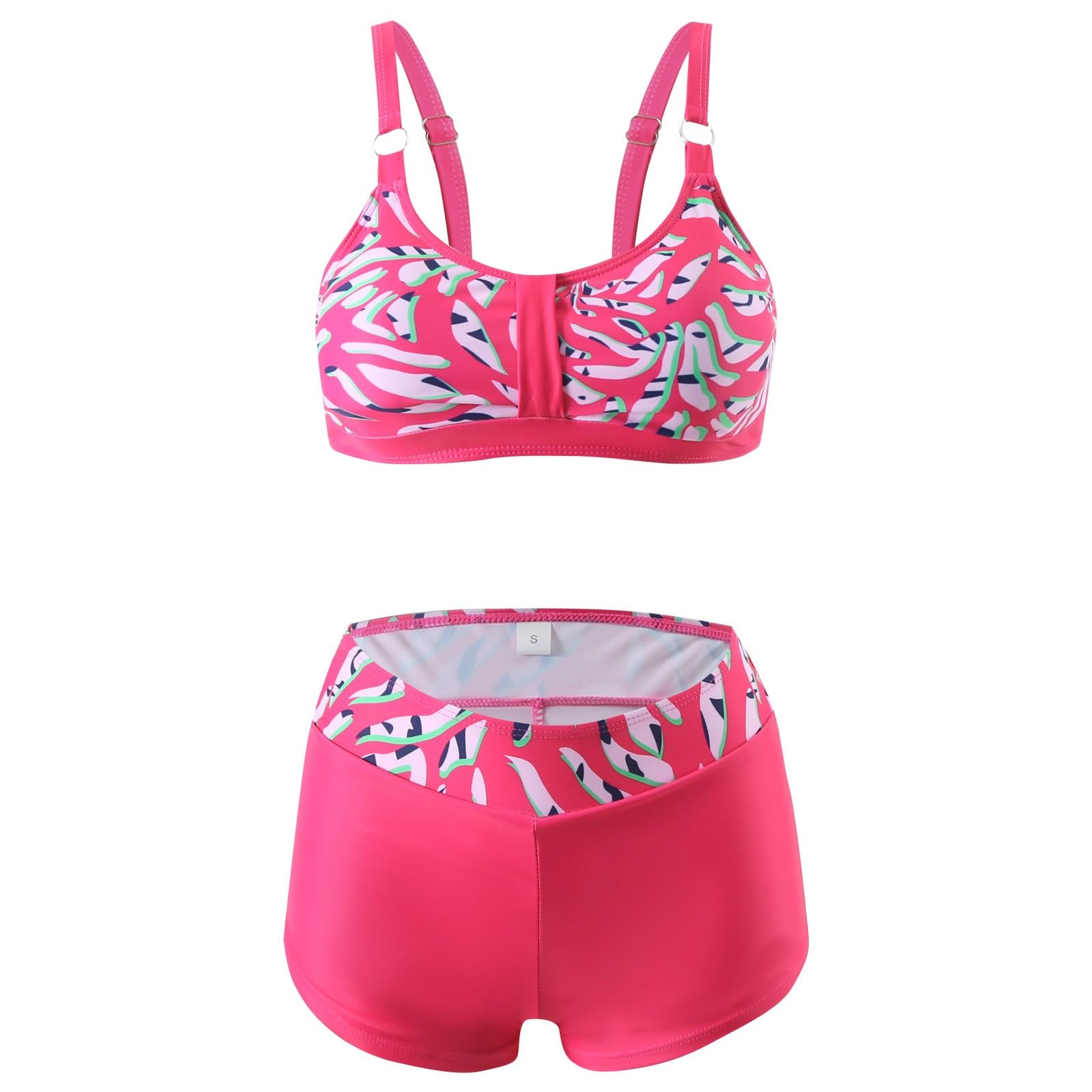 Dwuczęściowy Strój Kąpielowy Dla Kobiet Z Rozciętym Tropikalnym Nadrukiem, Zestawy Bikini, Krótkie Topy Kąpielowe Szortami, Granatowy, M