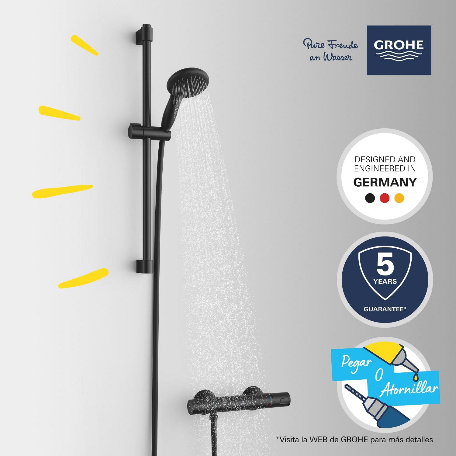 Grohe Precision Start Conjunto de ducha termostático 1/2" (teleducha redonda con 1 chorro, flexo de 1,75 m y barra de ducha de 60 cm, ahorro de agua, función de seguridad) Negro Mate, 345972431