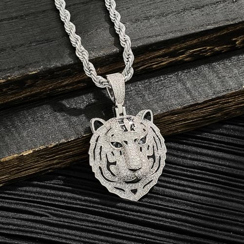 Silver Tiger Pendant Necklace for Men Stainless Steel Rope Chain Iced Out Tiger Head Necklaces with Green Gemstone Mens Pendant Necklace Hiphop Jewelry
