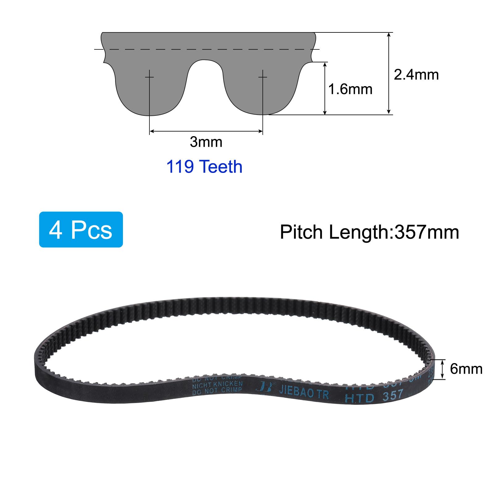 sourcing map Lot de 4 courroies de distribution HTD-3M en caoutchouc 119 dents, pas de 357 mm de longueur x 6 mm de largeur x 2,4 mm de hauteur, poulie à boucle fermée