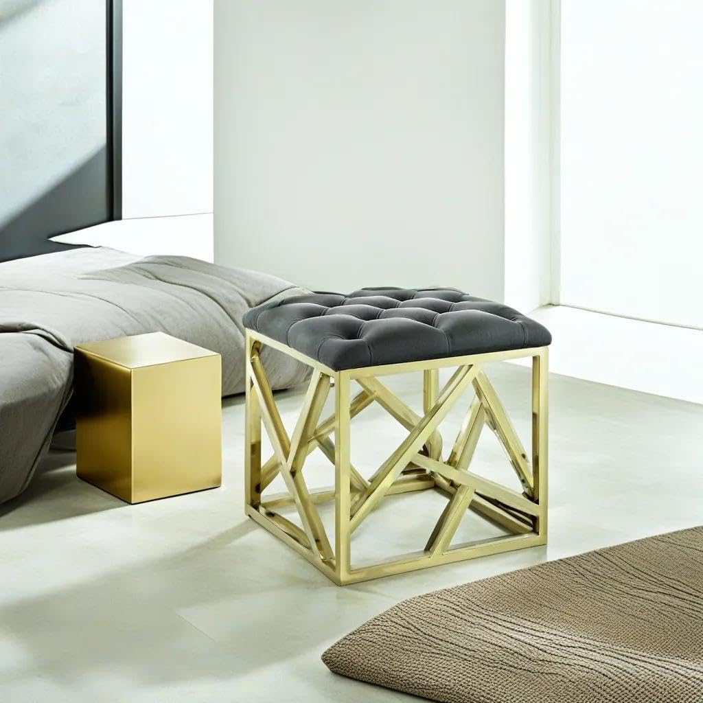 Dence Store Velvet Footrest Ottoman, Round for Use in Any Bedroom, Living Room, Entryway, Offices: Contemporary Round Stool Seat Sturdy Gold Metal Base Accent Furniture-(Grey)