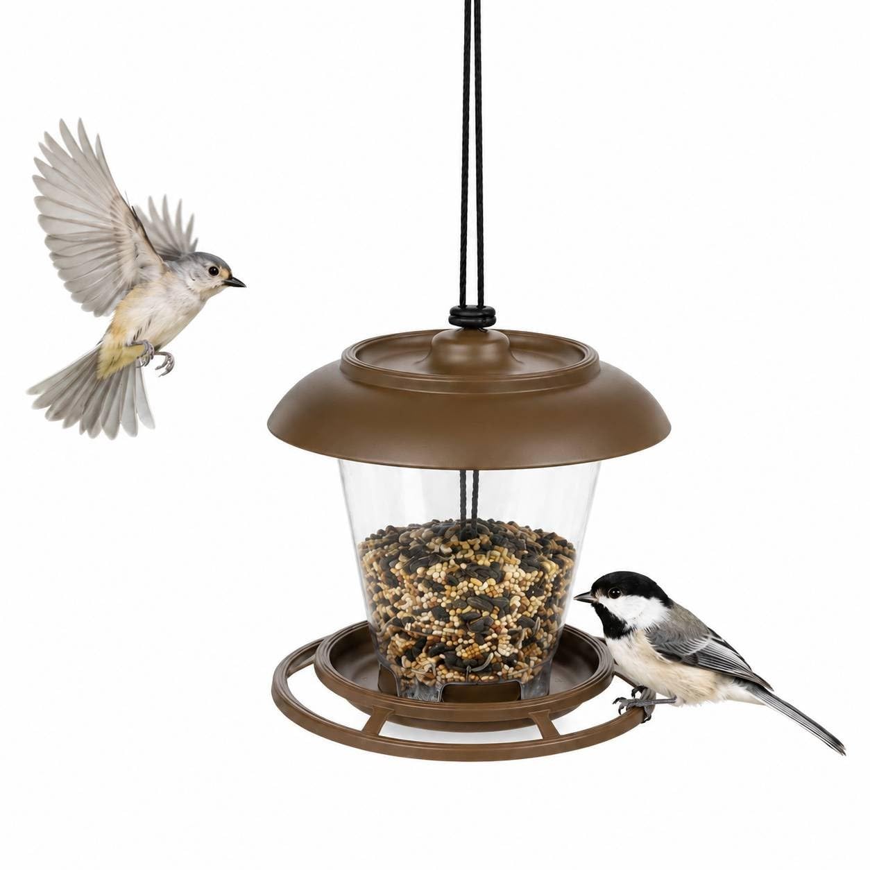 URBNLIVING Hanging Wild Bird Feeder, Clear Gravity Seed & Nut Dispenser with Rain Roof, Plastic Garden Feeding Station for Outdoor Birds - Set of 1