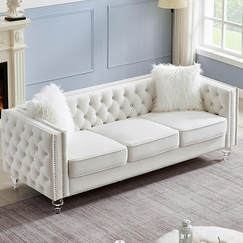 Miniatura 38 de i-POOK Sofá Chesterfield de terciopelo de 83 pulgadas de ancho con 3 asientos, 2 almohadas de felpa, patas de cristal y brazos recortados con cabeza