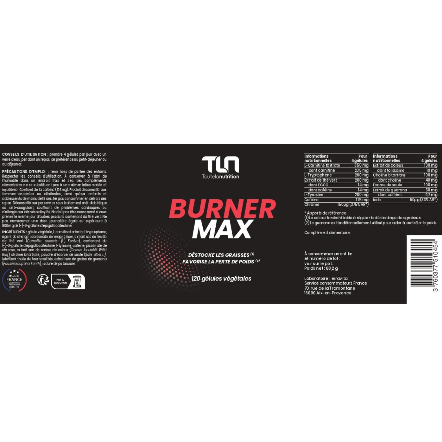 BURNER MAX | Brûleur de Graisse Hautement Dosé | Caféine Naturelle + L-Carnitine + Guarana | Burner Thermogénique, Lipotrope, Coupe-Faim | Action Minceur et Perte de Poids | 120 Gélules Vegan | TLN