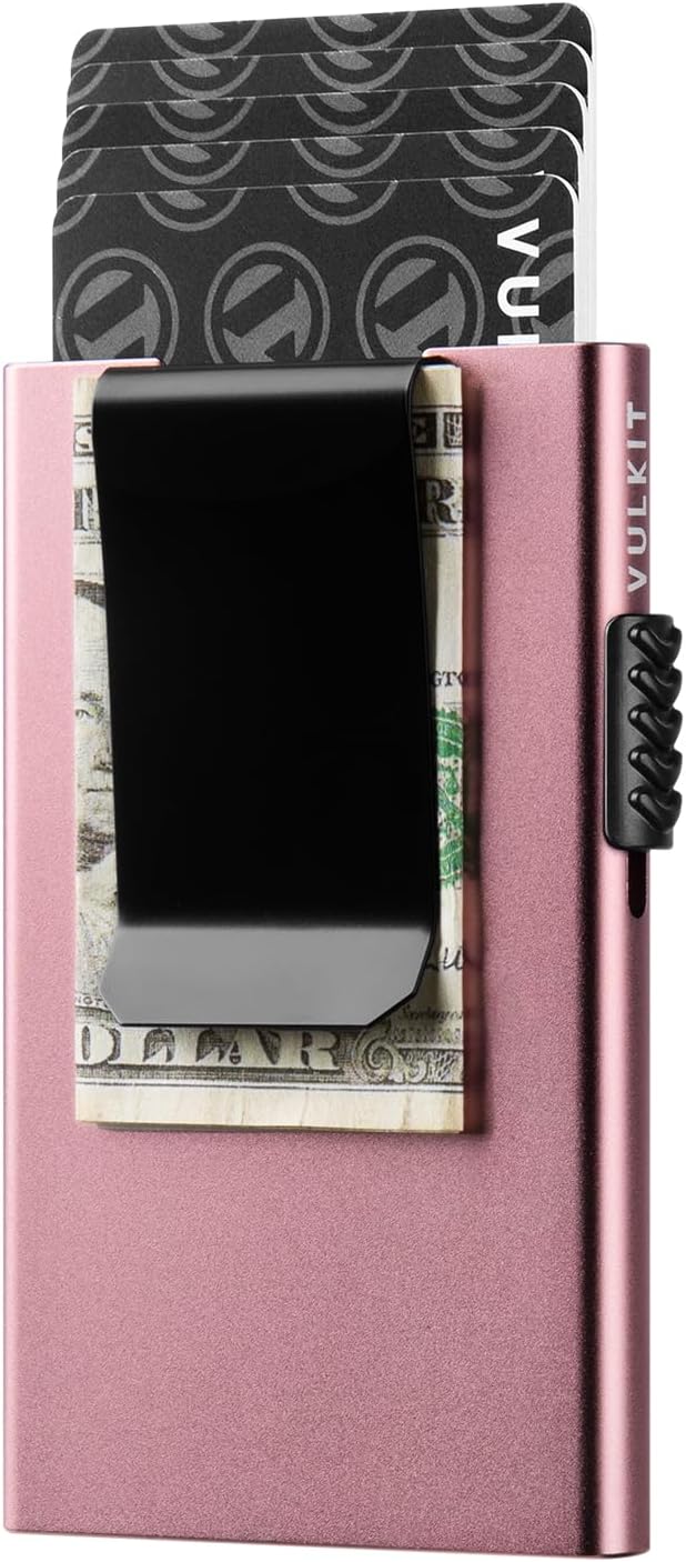 VULKIT Minimalist Wallet with Money Clip RFID Protection Pop Up Card Holder Slim Wallet Credit Card Holder Metal Wallet, Rose Gold
