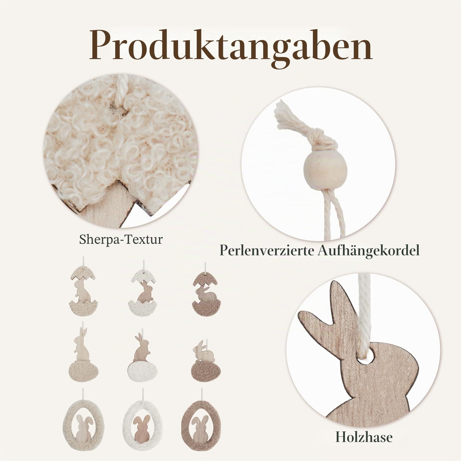 DN DECONATION 9-teilige Osteranhänger, Holz Hasen mit Sherpa-Textur & Perlenschnur, Rustikale Osterdekoration zum Aufhängen für Baum, Tür & Tisch, Landhaus Deko Set in Beige & Braun mit Holzperlen