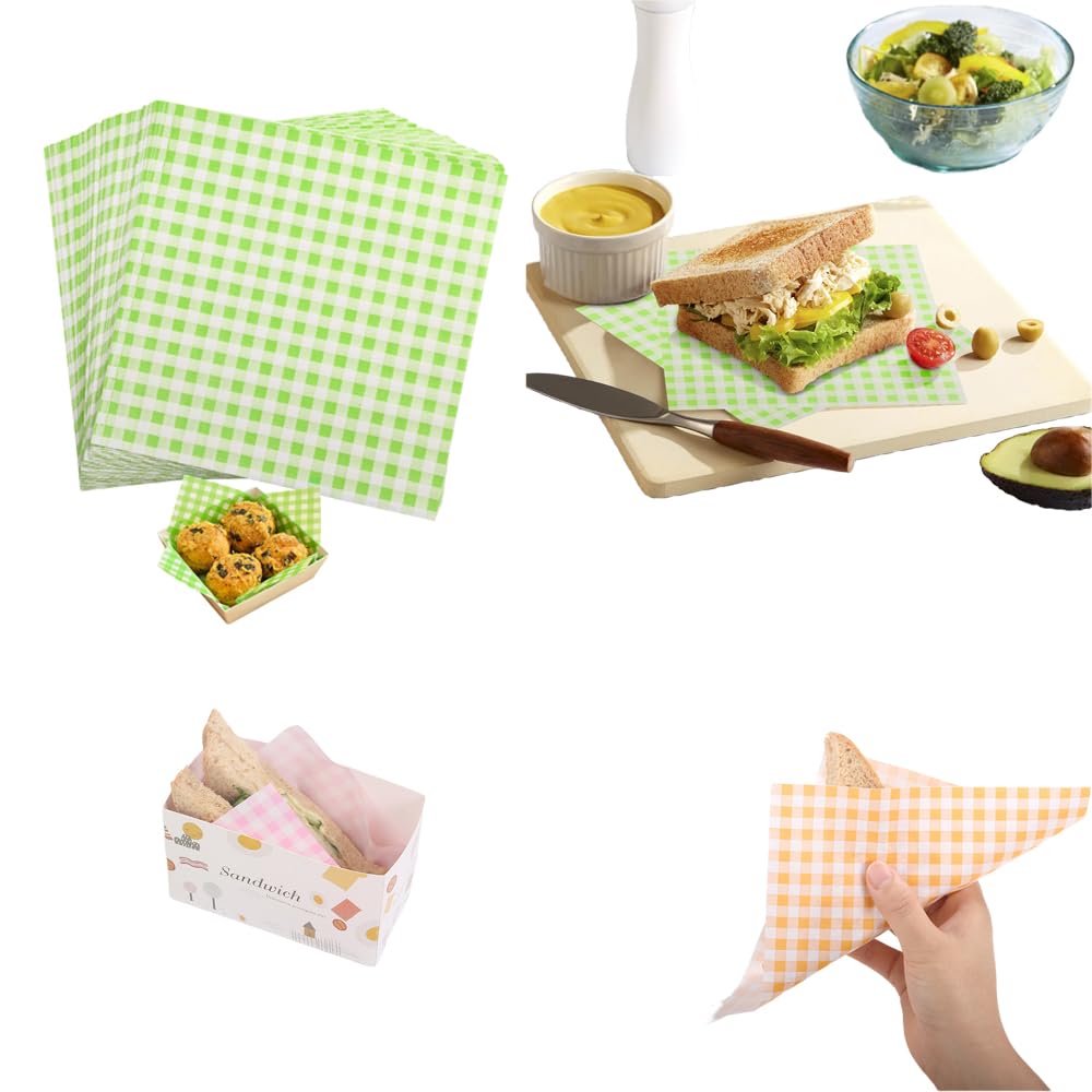 Baking Parchment, Sandwich Wrapping Paper 7 x 7 Inch, 200 Sheet Food Basket Liners for Sandwiches and Burgers, Checkered Deli Wrap Wax Paper Sheets (Green)